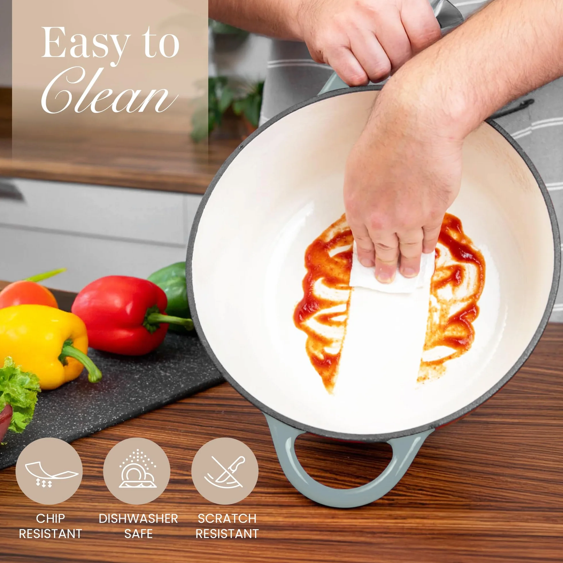 Garnki z Żeliwa z Pokrywką – Emaliowane, Nieprzywierające, Odporny na Piekarnik do 500° F – Solidne Garnki Holenderskie – Sól morska, 6.4 Quart, 28cm – od Nuovva