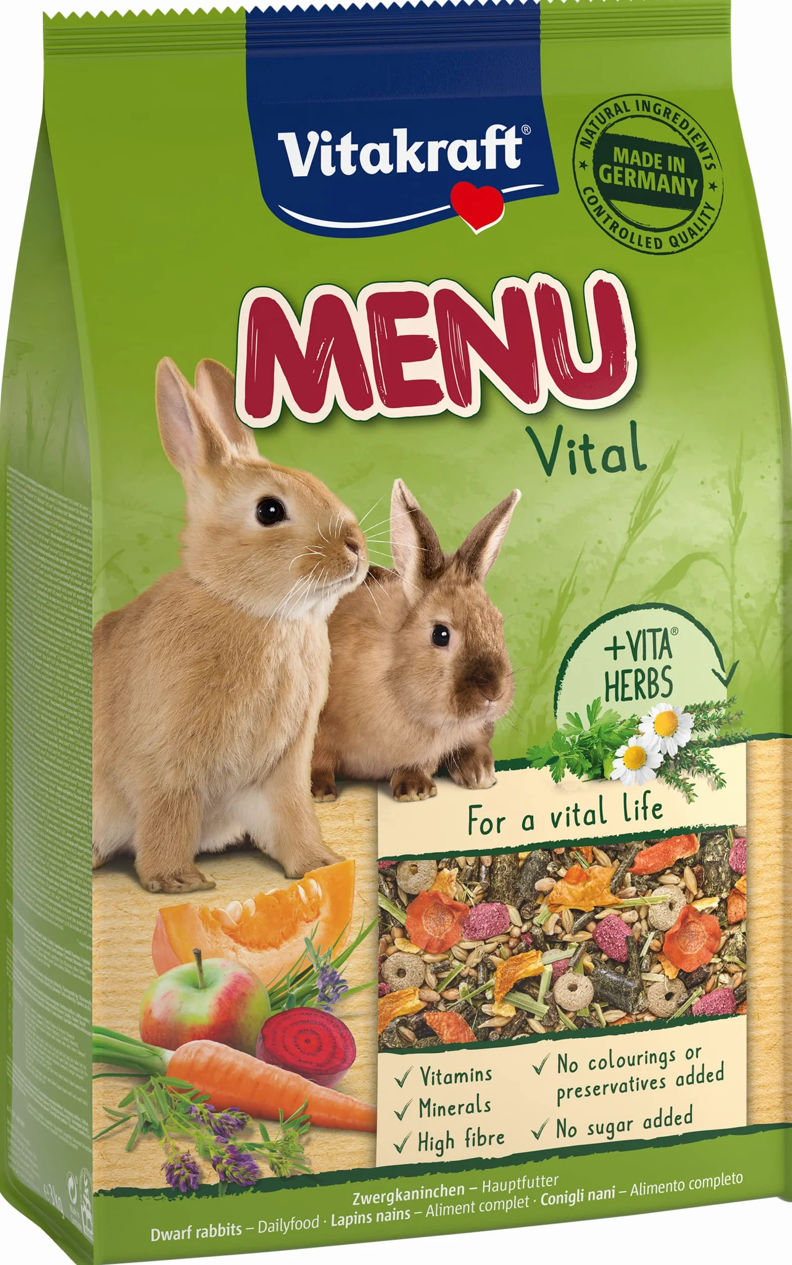 Vitakraft Menu Vital, karma dla królików miniaturowych, z lucerną, z jabłkiem, z dynią, wzbogacona ziołami, bez dodatku cukru i zbóż (1 x 3 kg)