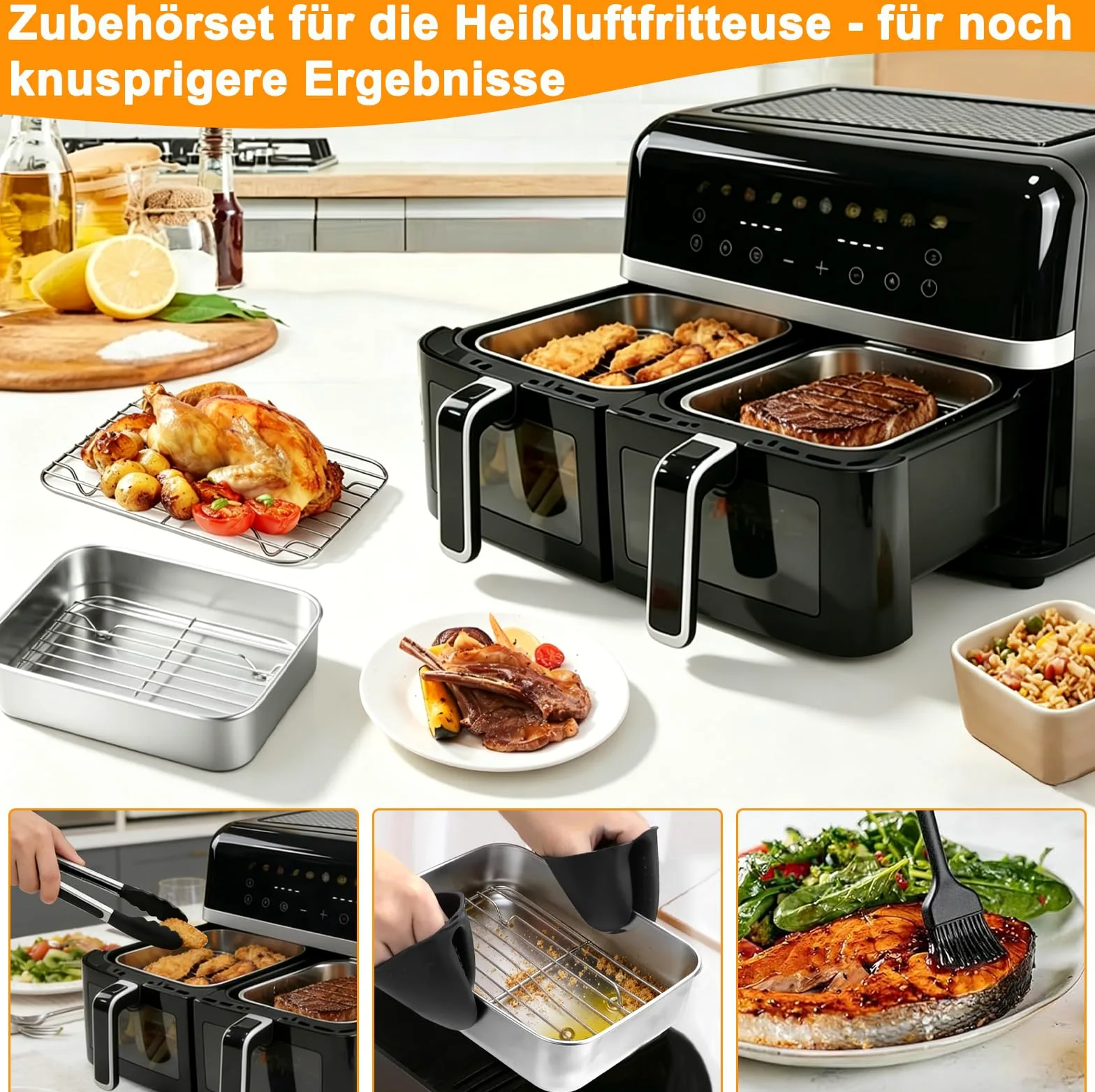 Naczynie do zapiekania ze stali nierdzewnej, 7-częściowy zestaw akcesoriów Airfryer, kompatybilne z Ninja AF400EU AF451EU AF500EU DZ400EU, 2 x naczynie do pieczenia ze stali nierdzewnej, 2 x ruszt do