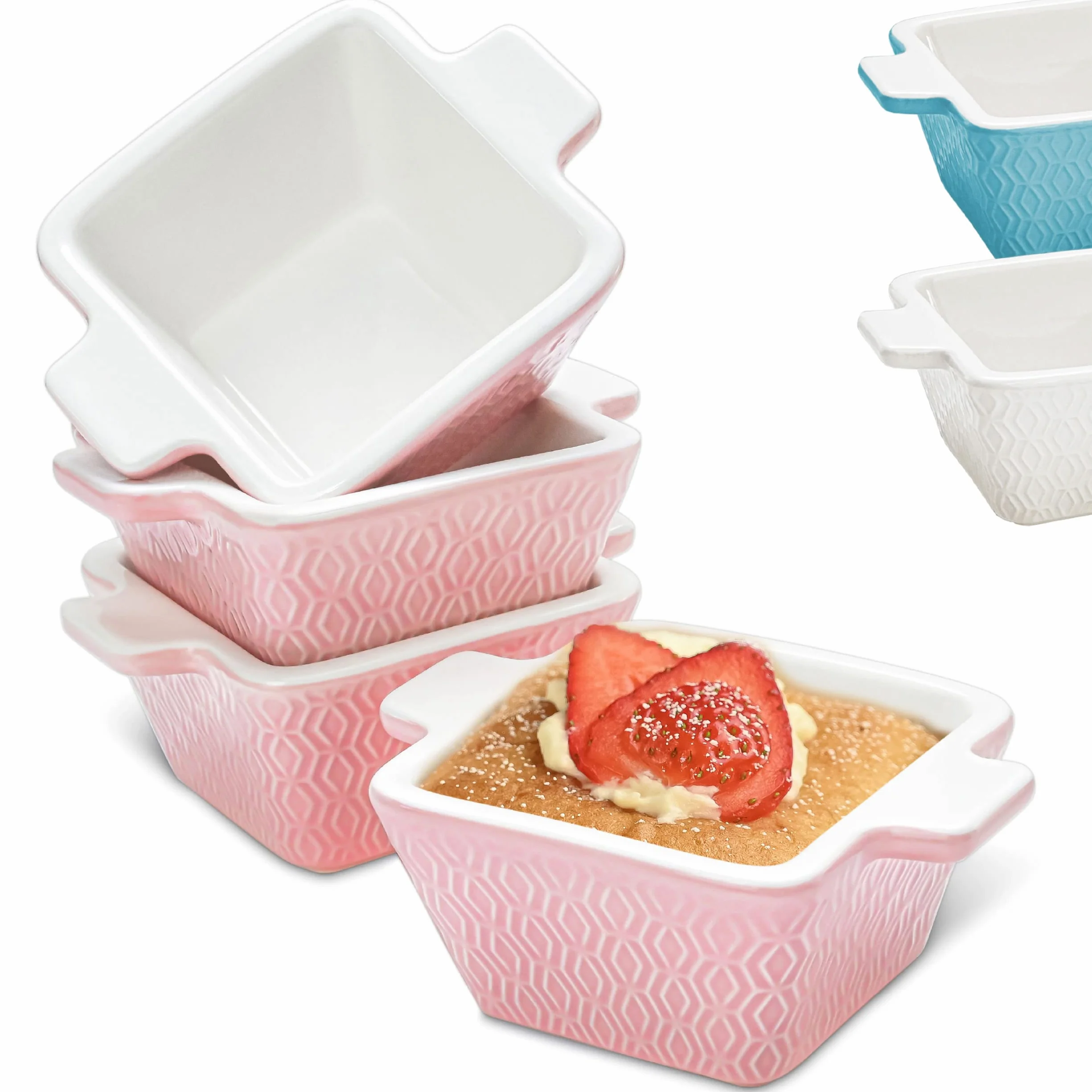 Zestaw 4 ceramicznych naczyń do zapiekanek - Możliwość układania w stosy - Odporne na zarysowania i cięcie - Odpowiednie do piekarnika i airfryera - Można myć w zmywarce - różowe
