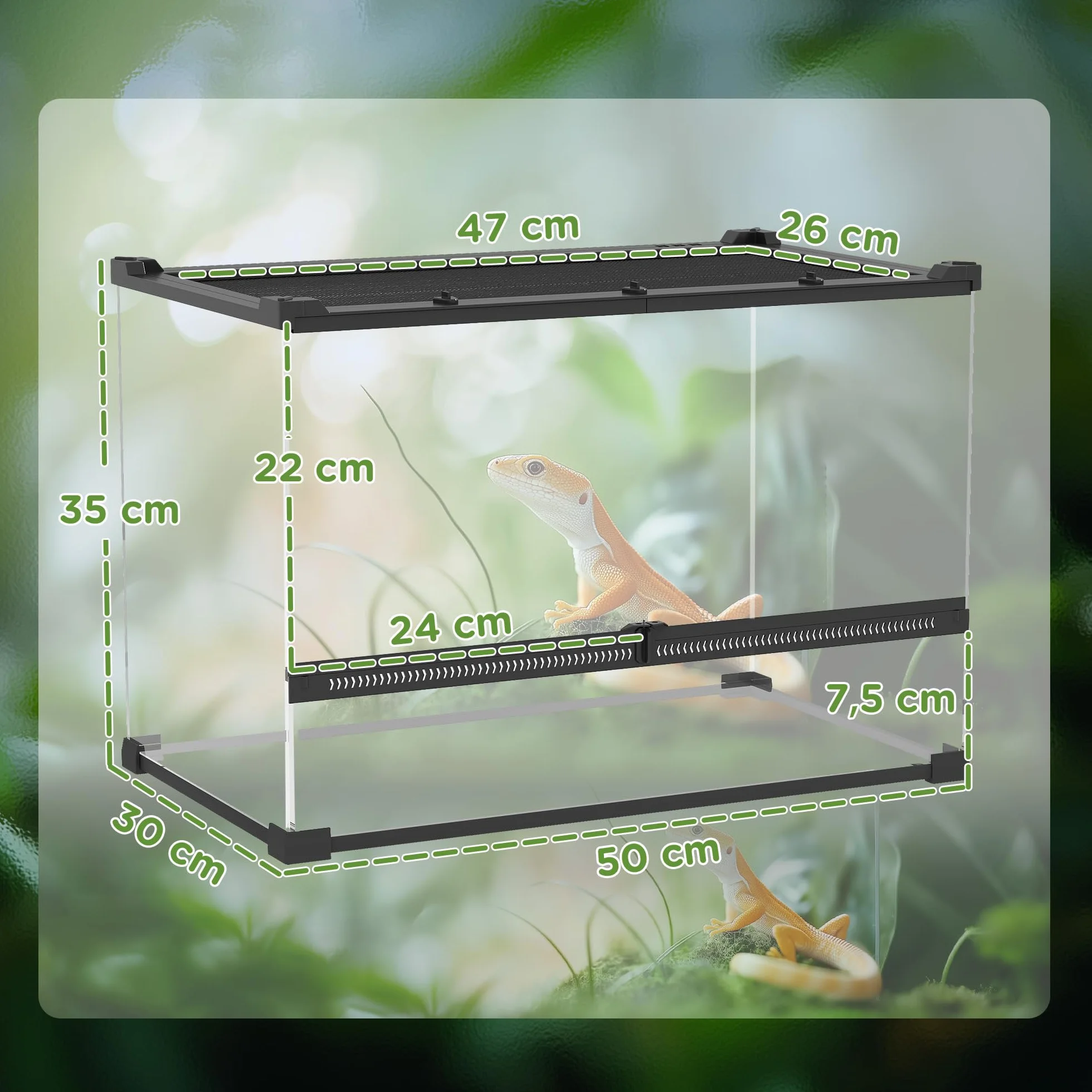 PawHut Terrarium dla gadów, szklane sterrarium 48 l, pudełko na karmienie gadów, z przednią wentylacją, odporne na wybicie zamknięcie obrotowe dla pająków, czarne, 50 x 30 x 35 cm