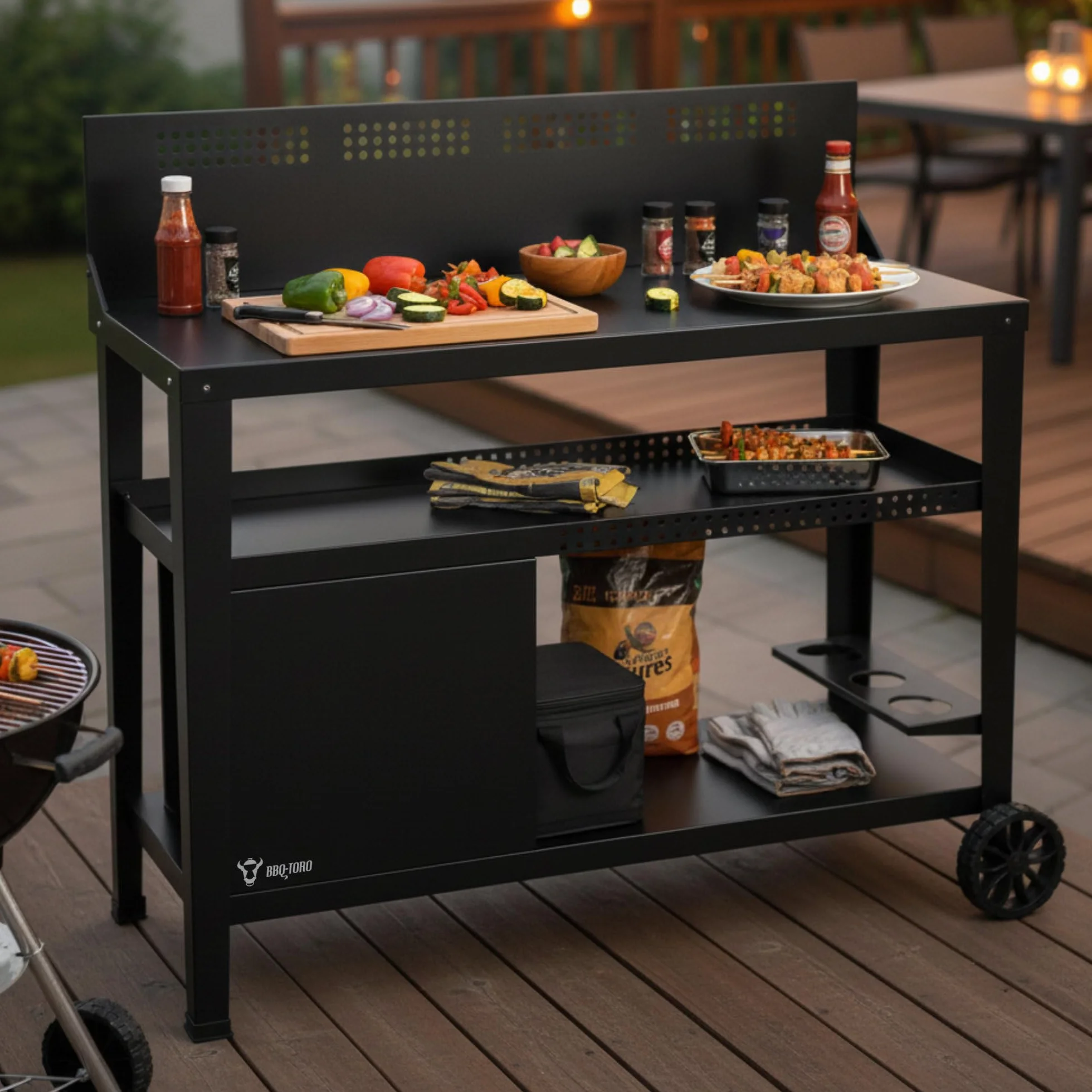 BBQ-Toro Grill na kółkach 125 x 57 x 104 cm, czarny, stół do grillowania z dużą powierzchnią roboczą, stolik pomocniczy z ochroną przed wiatrem, wózek do grillowania na świeżym powietrzu, wózek do