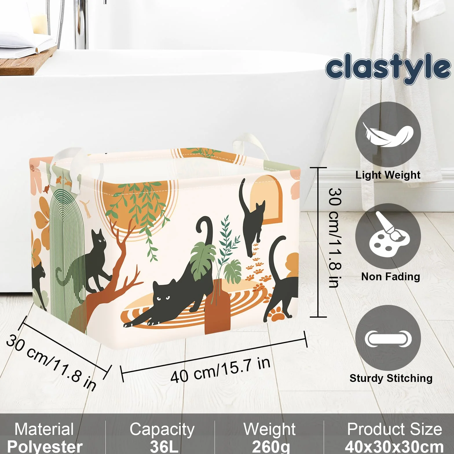 Clastyle Boho Tier Wäschekorb mit Henkel Składany Kosz na bieliznę z uchwytem dla dziewczynek, kobiet; do przechowywania ubrań i zabawek; do pokoju dziecięcego, łazienki, motyw kota, 40x30x30 cm