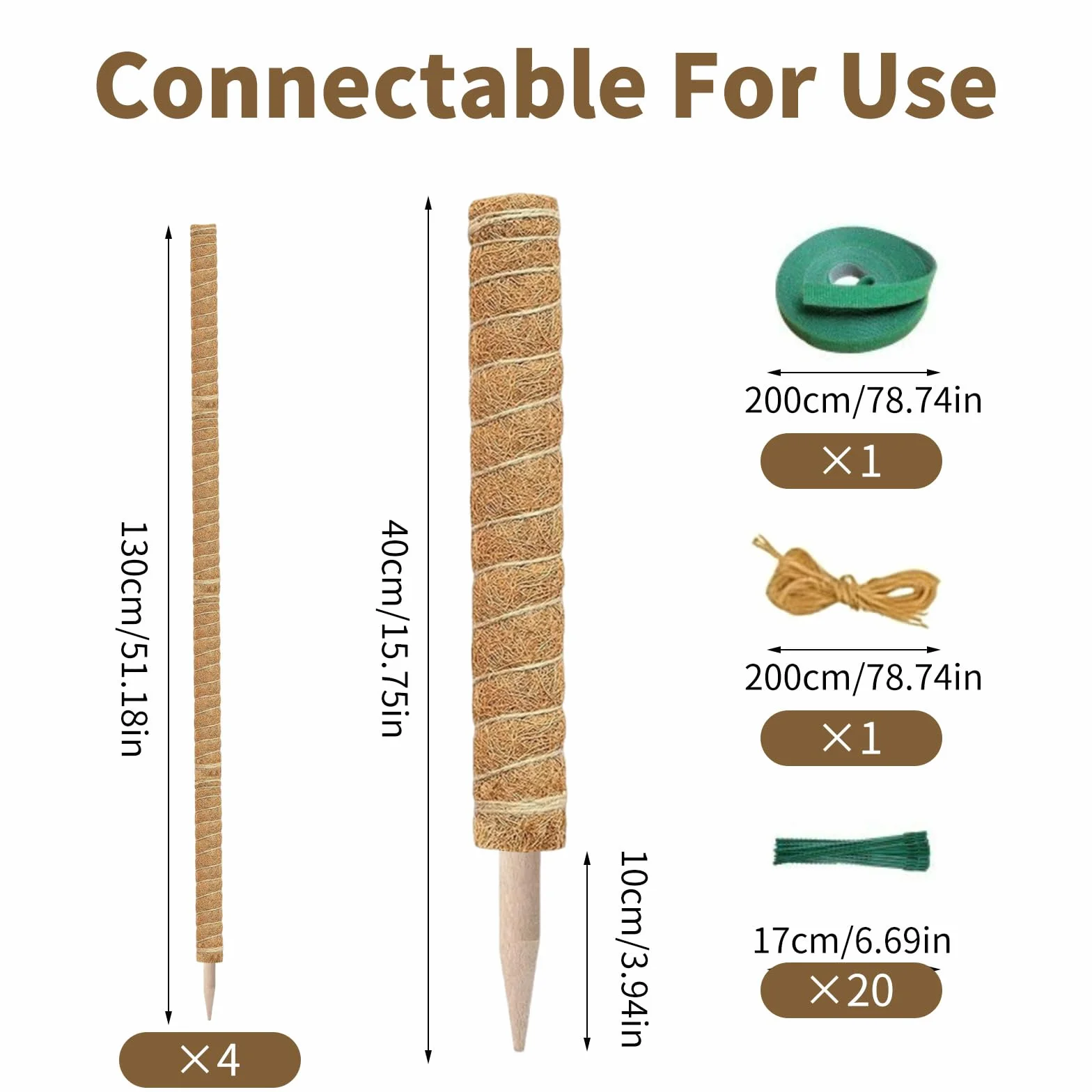 4 Sztuki 40cm Kij do Mchu Monstera, Pręt Kokosowy z Naturalnego Włókna, Podpora dla Roślin Pnących, 2m Sznurka Jutowego, 2m Velcro, 20 Opaska Zaciskowa, Pręt do Monstery i Pothos (4)