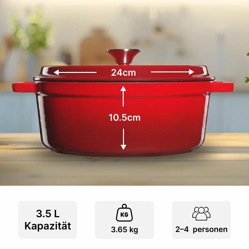 Holenderski garnek żeliwny - Emaliowany garnek żeliwny z pokrywką i szerokimi uchwytami do pieczenia w kuchni, duszenia - pojemność 3.5L, czerwony