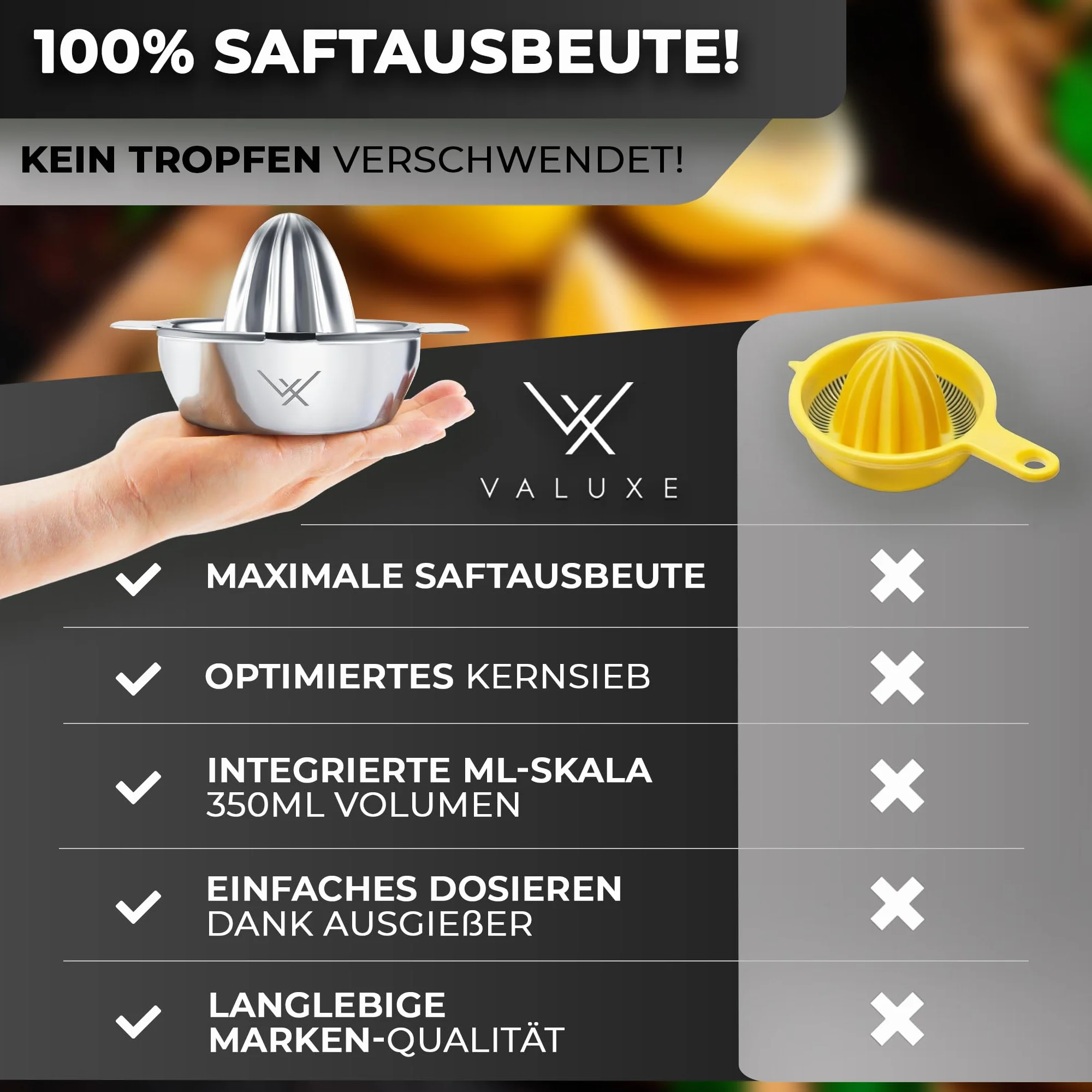 VALUXE Wysokiej jakości wyciskarka do cytrusów ze stali nierdzewnej – wyciskarka do cytrusów, cytryn, limonek i pomarańczy z pojemnikiem 350 ml – ręczna wyciskarka do limonek, nadaje się do mycia w