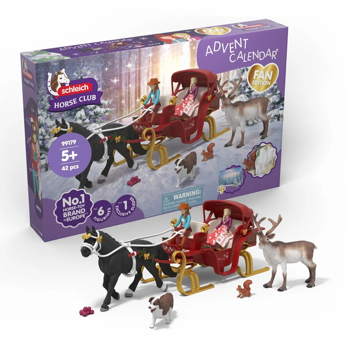 schleich HORSE CLUB | Duży kalendarz adwentowy 2025 – Świąteczna przejażdżka saniami 99179 | z Hanną, Sofią, saniami, reniferem i akcesoriami | pomysł na prezent z końmi od 5 lat | 31 elementów