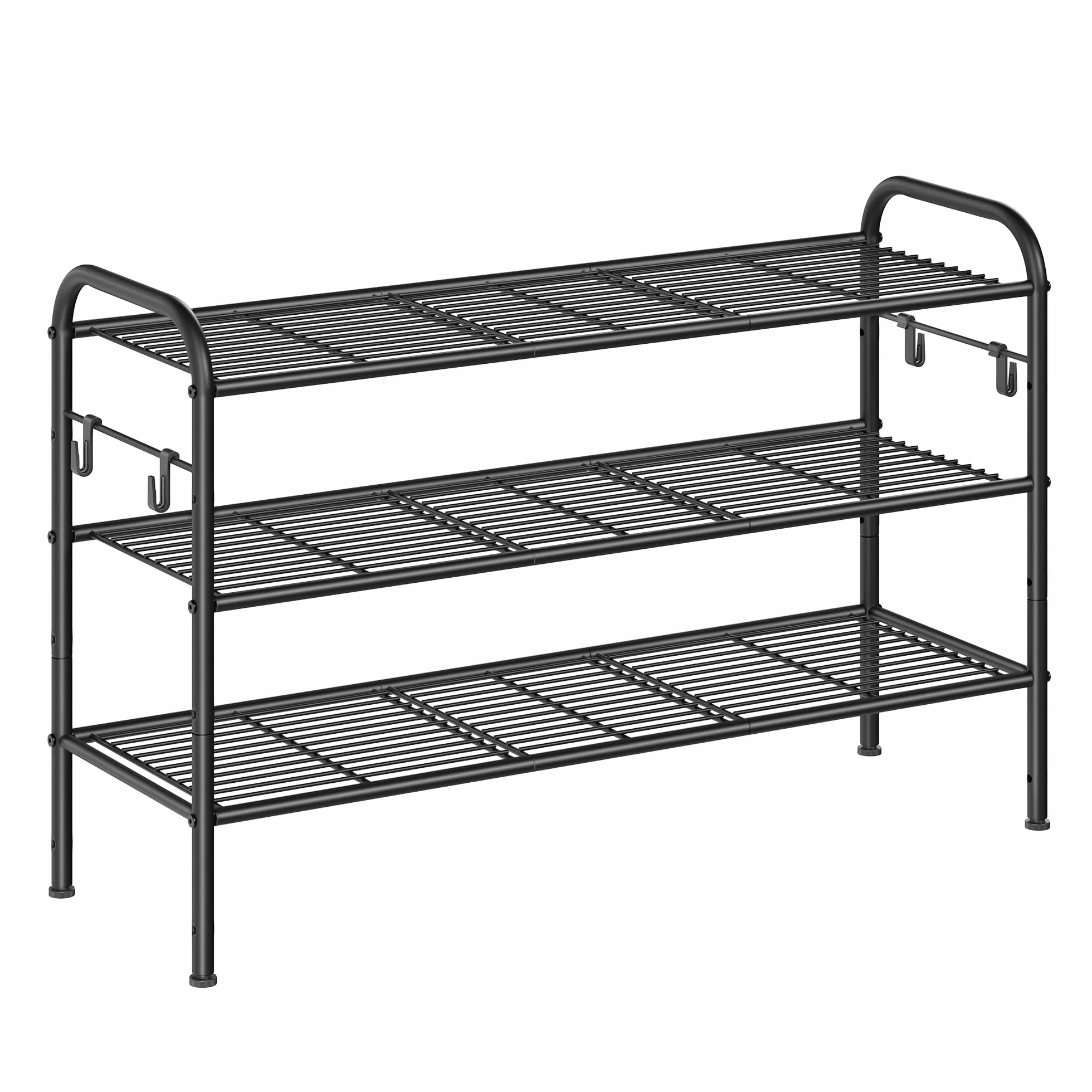 SONGMICS Półka na buty, 3-poziomowy organizer na buty, metal z 4 bocznymi haczykami, mieści 15 par, regulacja wysokości, do przedpokoju, przedpokoju, szafy, łatwy montaż, czarny atrament LMR138B01