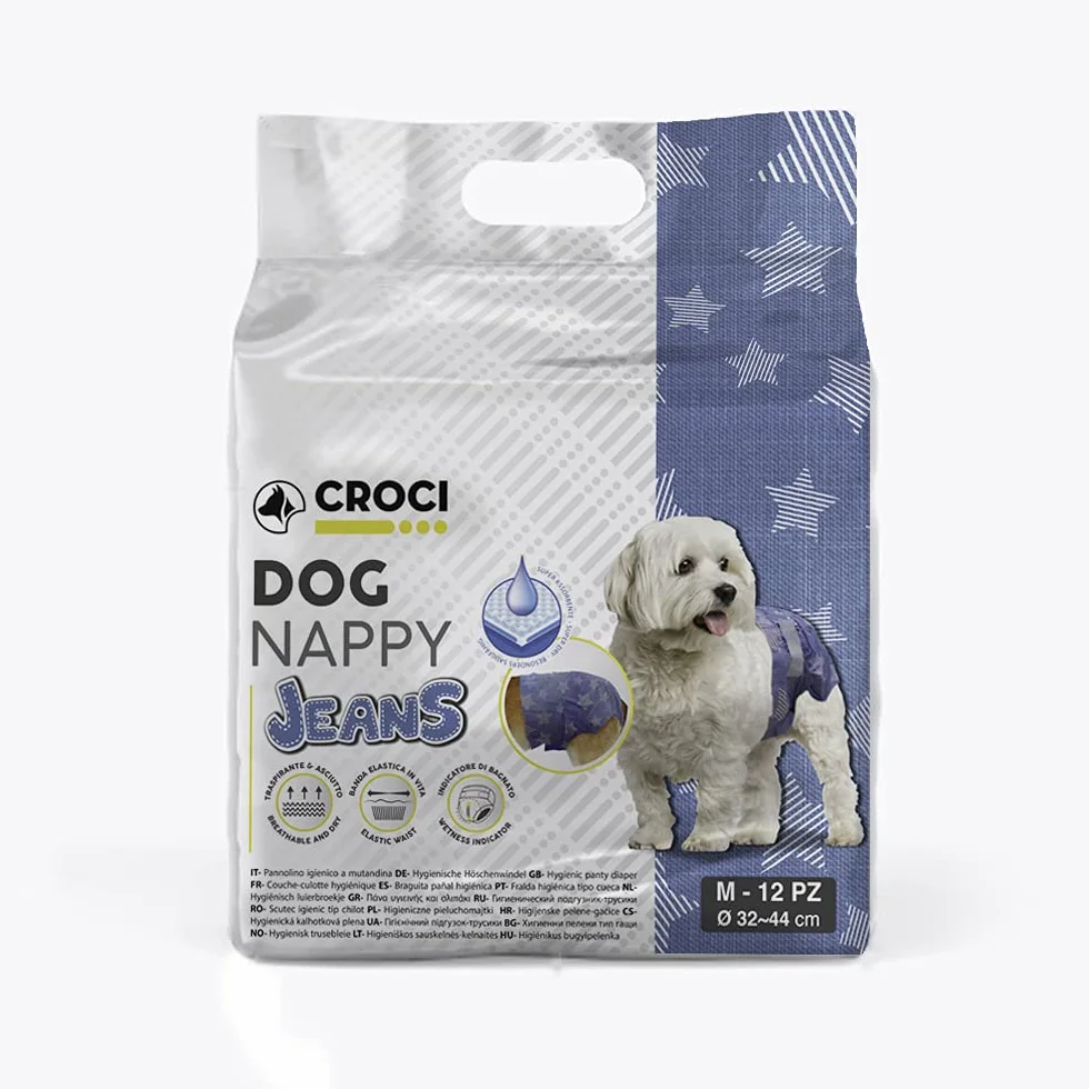 Croci Dog Nappy Jeans Chłonne majtki dla suczek dla psów Rozmiar M - Ø 32-44 cm, higieniczna pielucha dla psa i piesek pipi, antyzapachowe, jednorazowe, regulowane zapięcie samoprzylepne, 12 sztuk