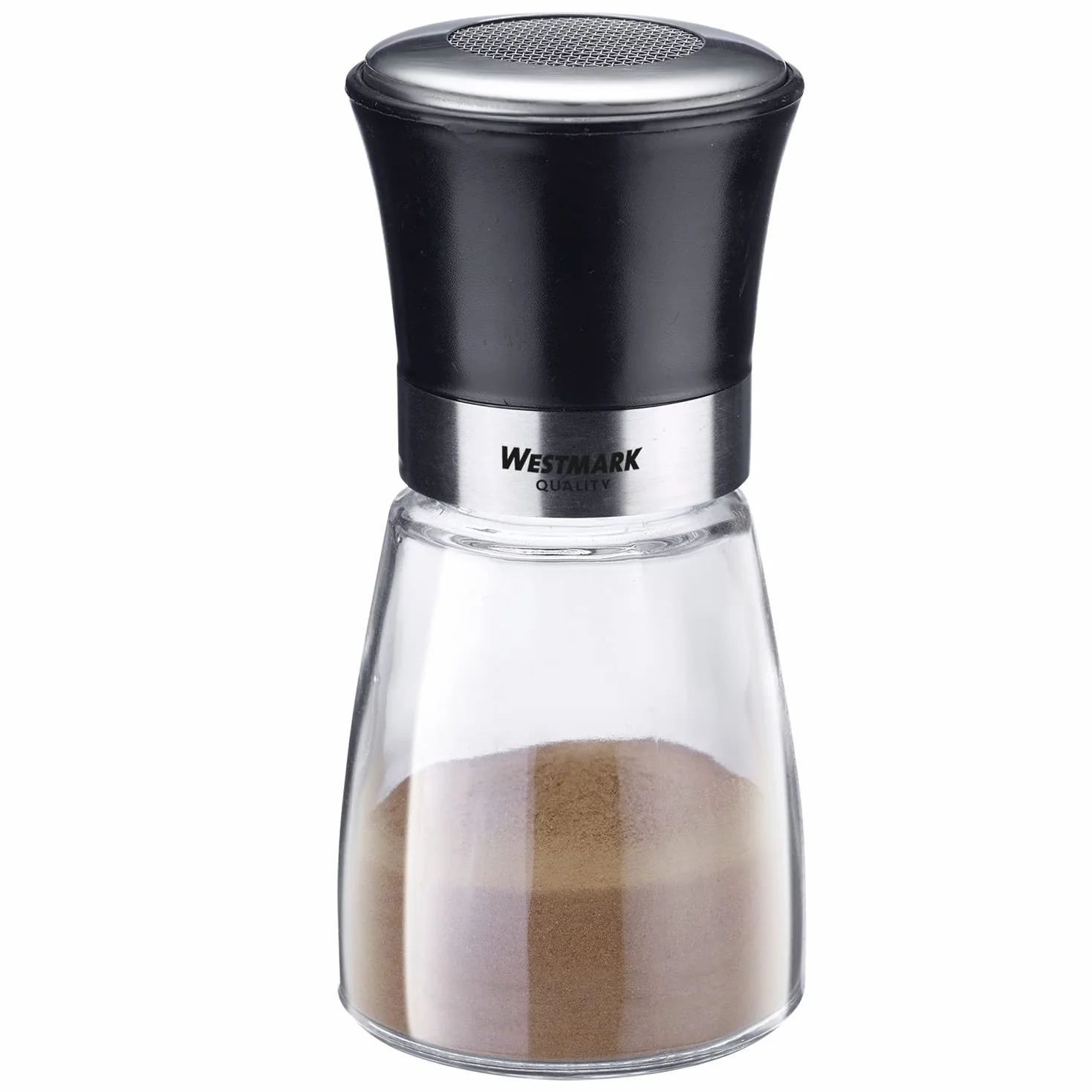 Westmark Dozownik do cukru pudru, Z pokrywą utrzymującą aromat, Pojemność: 190 ml, Szkło/Stal nierdzewna/Tworzywo sztuczne, Blacky, Przezroczysty/Czarny/Srebrny, 69512260