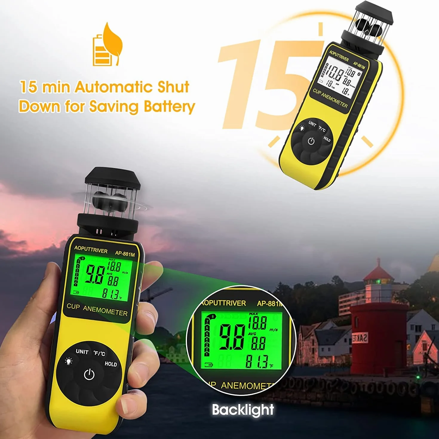 Anemometr kieszonkowy AP-881M, ręczny anometr, aktualizacja miernika wiatru z obrotem o 360°, dowolny kierunek wiatru do pomiaru prędkości wiatru, temperatura z podświetleniem LCD do fotografowania, latanie dronem w 2021 r