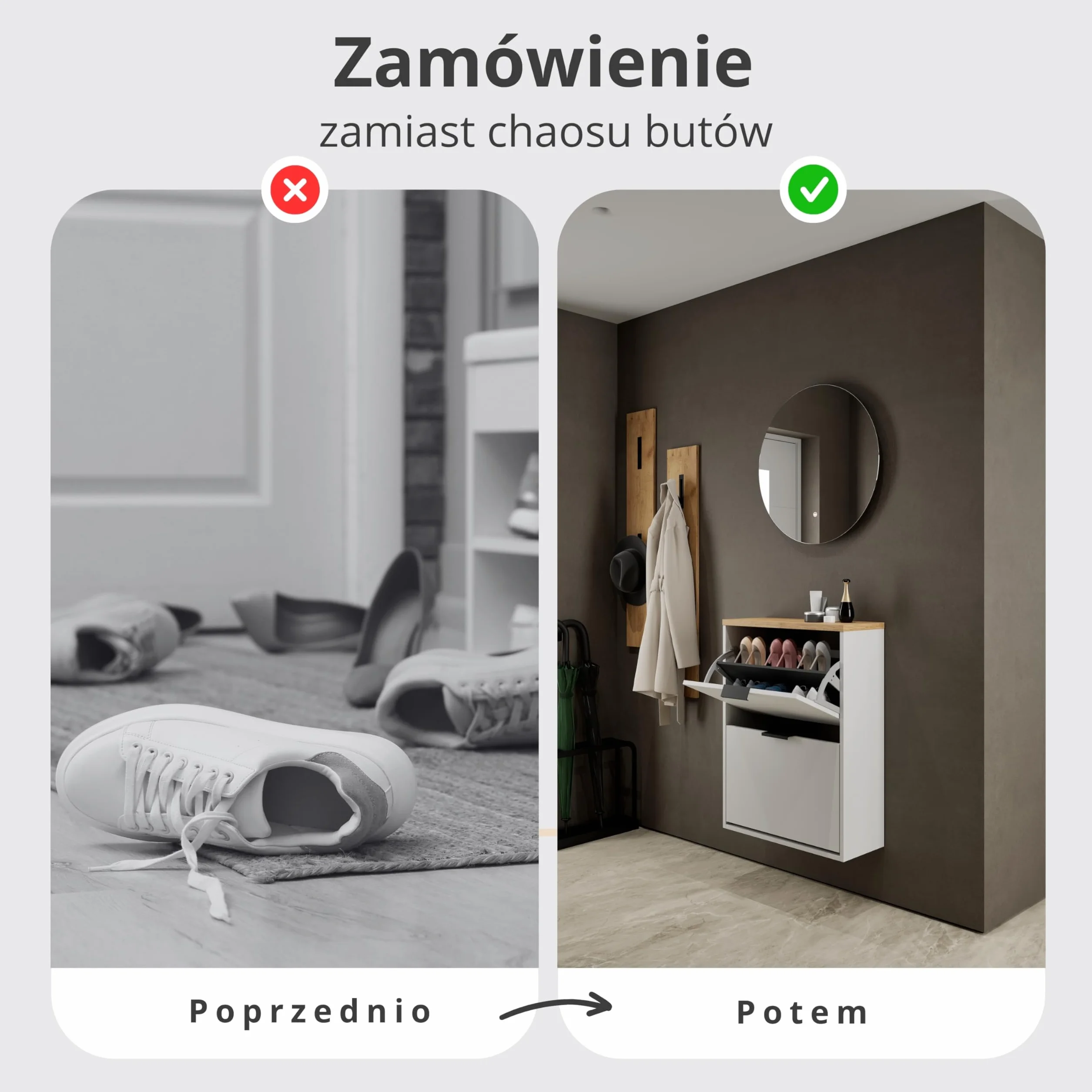 Planetmöbel wąska szafka na buty z 2 drzwiczkami, oszczędzająca miejsce półka na buty z 4 półkami, komoda na buty do przedpokoju, korytarza, garderoby 60 x 23 x 80,5 cm, biało-szara