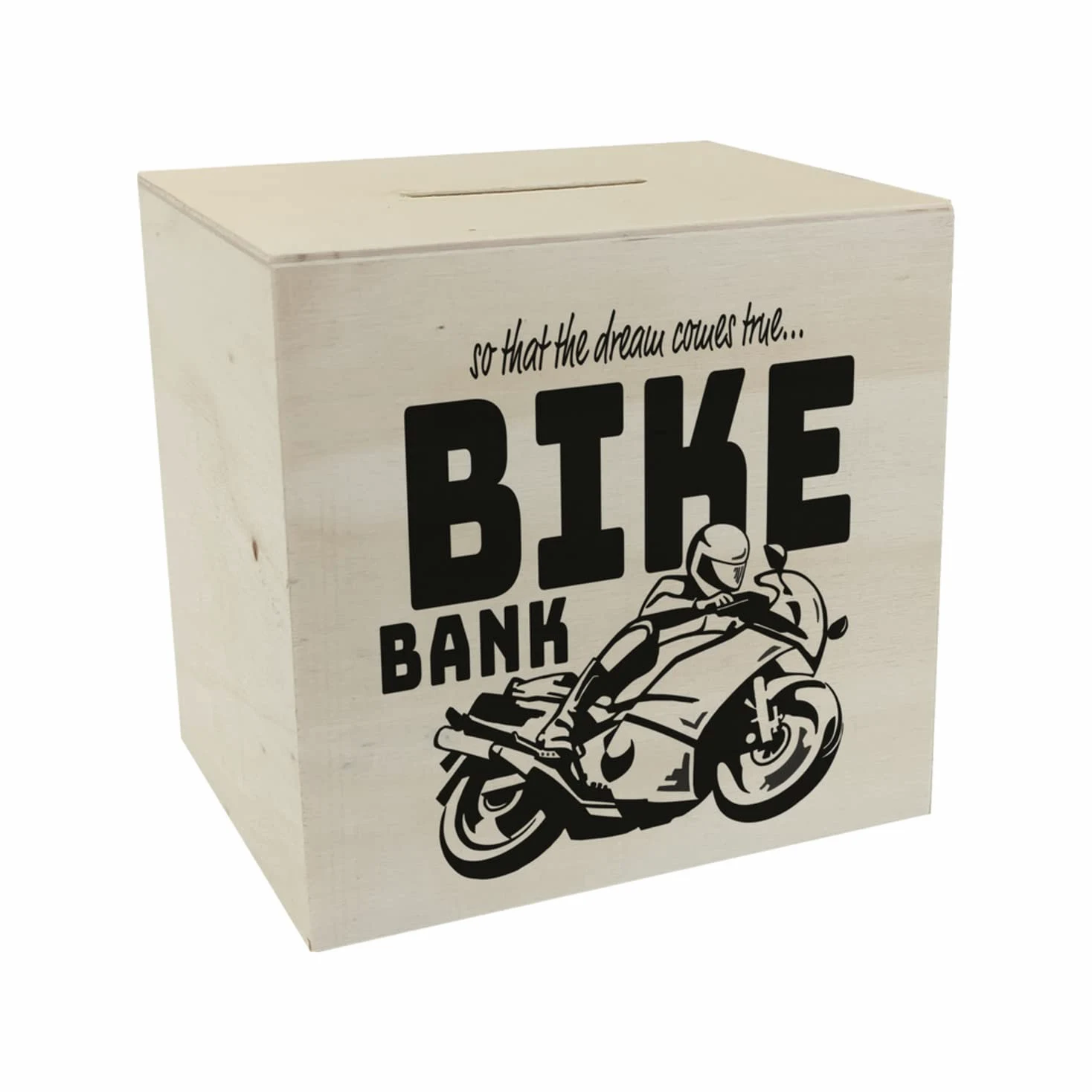 Bike Bank skarbonka z drewna w kolorze czarnym na temat zakupu motocykla i jazdy motocyklem, piękna skarbonka, prezent dla skarbonek, którzy lubią marzenia motocyklisty lub dla siebie