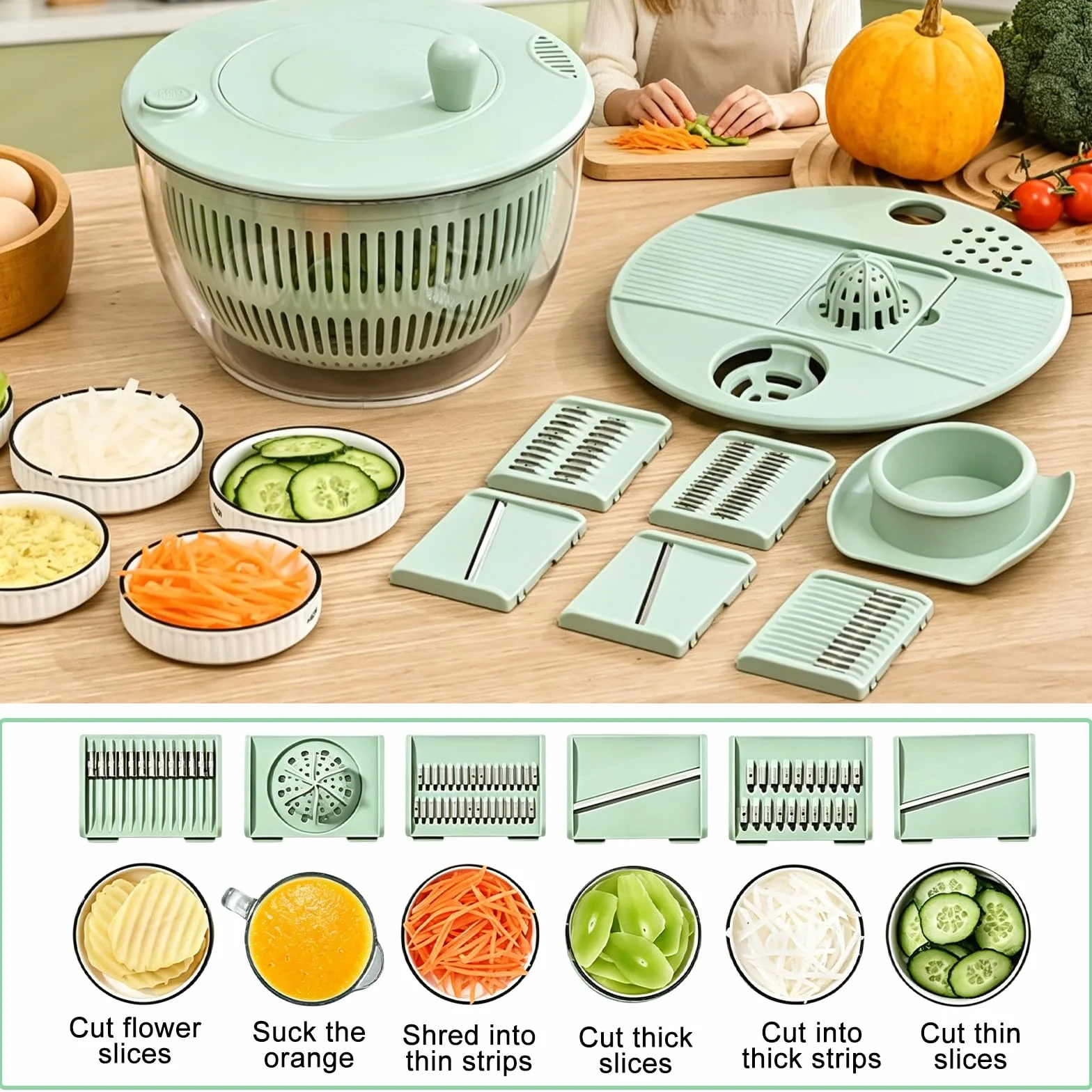 Salad Spinner wirówka do sałaty z pokrywką, wielofunkcyjna miska do sałaty z 6 ostrzami, deska do krojenia, idealna do mycia i krojenia warzyw i owoców, separator żółtek jaj
