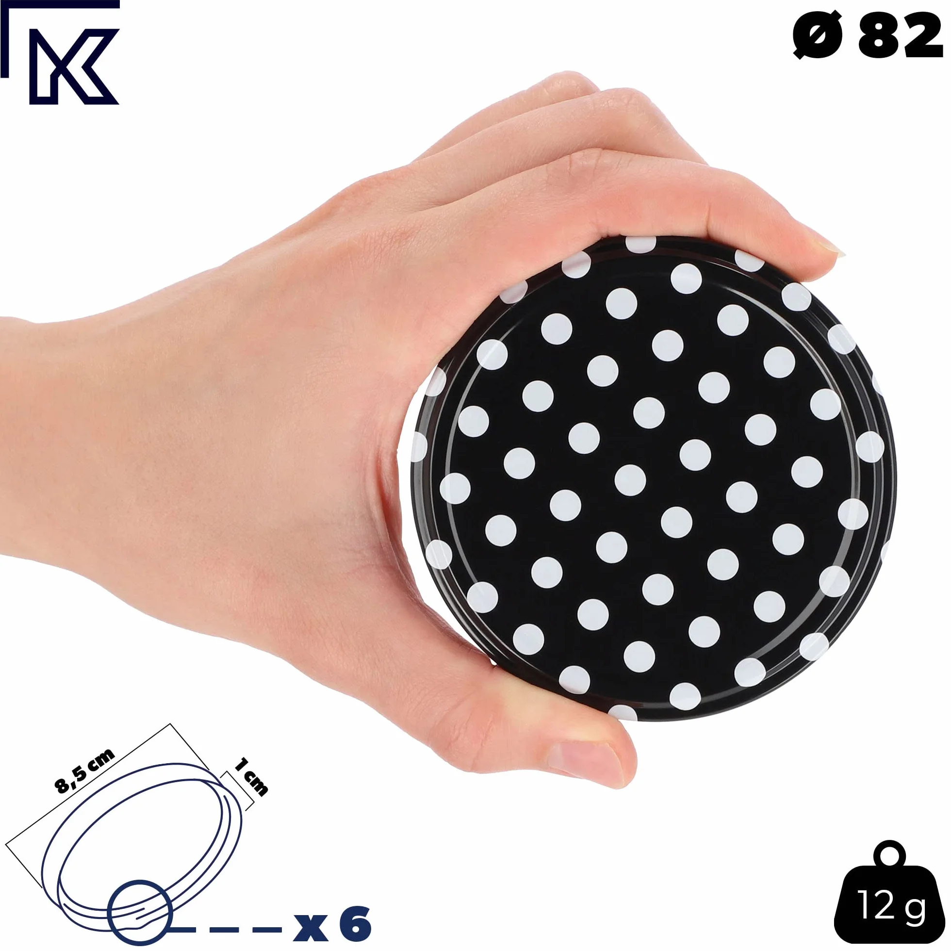 KADAX Zestaw 50 szt. Wieczka 82mm czarne w kropki, metalowe 6 - zaczepowe, szczelne zamknięcie, do słoików z przetworami, zachowują świeżość