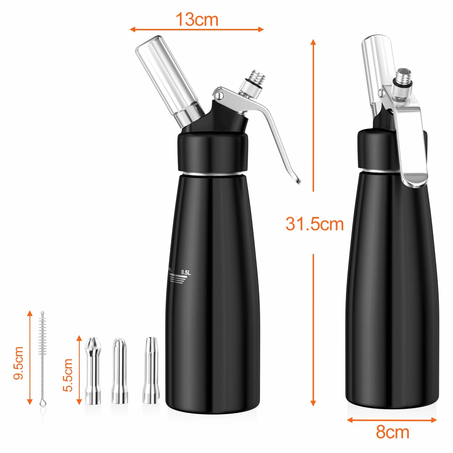 Newaner Syfon do bitej śmietany 500 ml, z aluminium, z 3 końcówkami ze stali nierdzewnej, 1 szczotka do czyszczenia, do dekoracji tortów urodzinowych, ciast, lodów i deserów