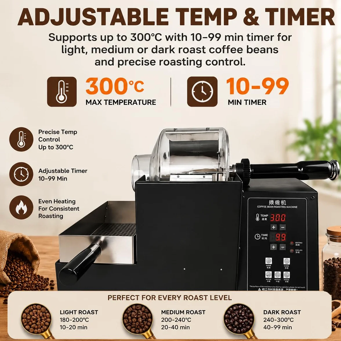 Maszyna do palenia kawy 200 g, timer 10-99 min, regulowana temperatura, powłoka nieprzywierająca, wielofunkcyjny elektryczny palacz ziaren kawy
