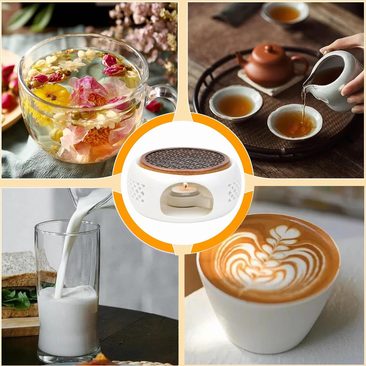 Podgrzewacz do dzbanka do herbaty, ceramiczny podgrzewacz do herbaty, podgrzewacz herbaty, pusty design, ceramiczny podgrzewacz z matą korkową do utrzymania ciepła herbaty, kawy, mleka, biały