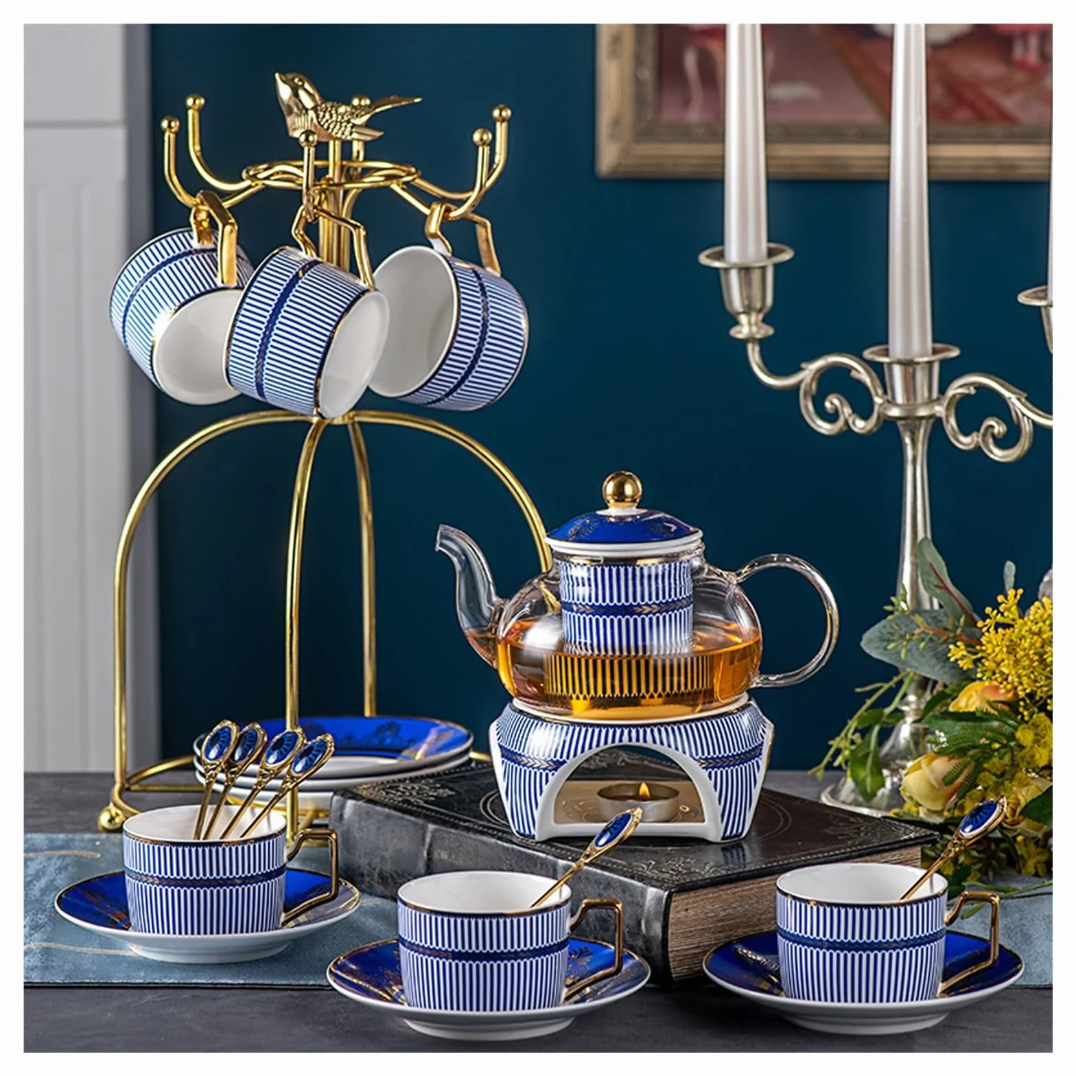 Zestaw do herbaty z porcelany kostnej z metalowym uchwytem, herbata kwiatowa, herbata owocowa, popołudniowa herbata, porcelanowe zestawy ze szklanym czajnikiem i podgrzewaczem, prezenty dla miłośnika