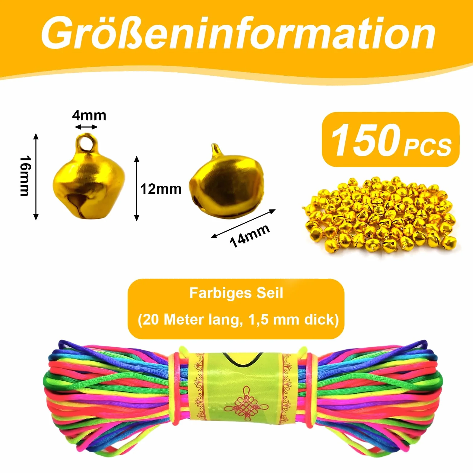 150 sztuk metalowych dzwoneczków, 14 mm z oczkami, z kolorową linką 20 m, dzwonki do majsterkowania, małe dzwonki bożonarodzeniowe do dekoracji festiwalowych, produkcji biżuterii, obroży dla psów