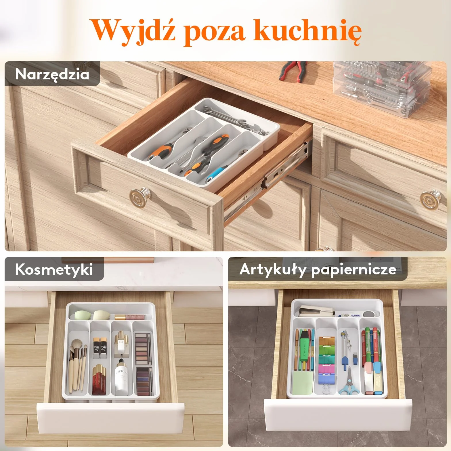 Organizer do szuflady na sztućce Lifewit, Plastikowa taca na sztućce do szuflady kuchennej, Uchwyt, Przegródka na Łyżki, Widelce, Noże, Zastawa stołowa, 5 przegródek, Biały