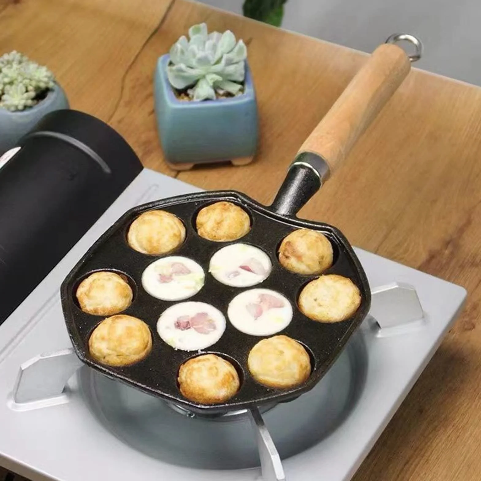 Takoyaki Patelnia z 14 otworami, nieprzywierająca, żeliwna, ośmiornica, kształt kulek do mięsa ze zdejmowanym uchwytem