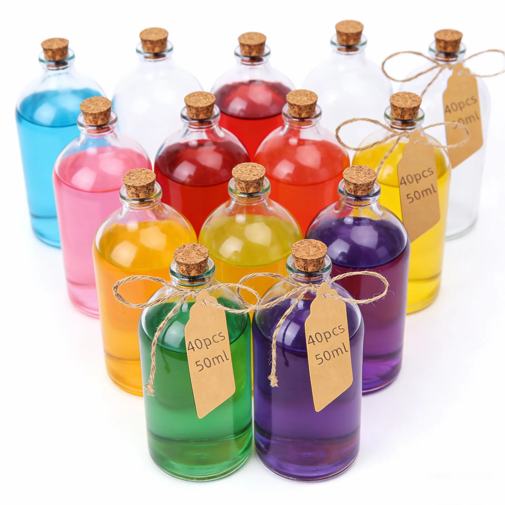 40 sztuk mini szklanych butelek z korkiem, szklane butelki 50 ml na upominki weselne, szklane butelki z korkowymi korkami, etykiety i sznurek do dekoracji rzemieślniczych, weselnych