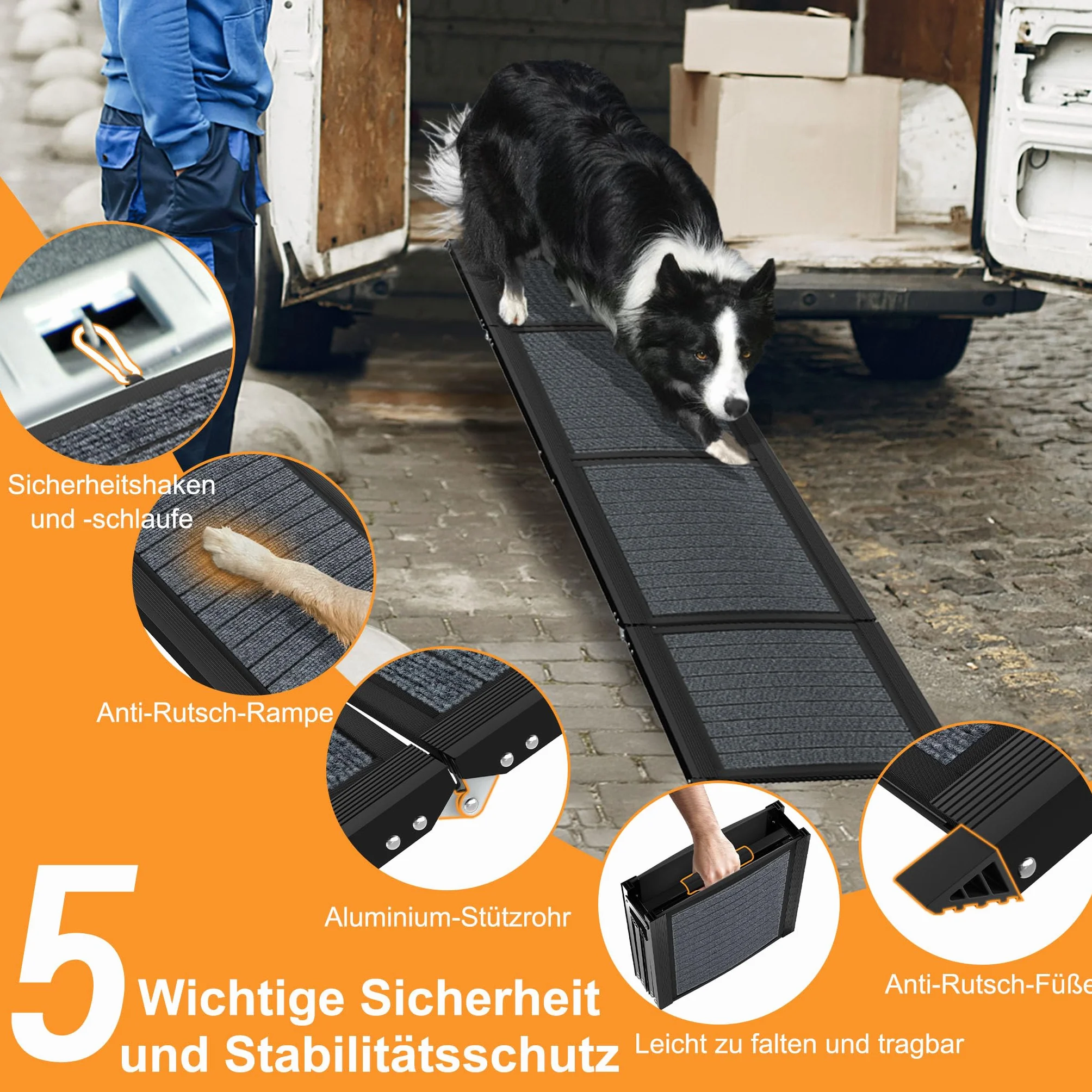 UISEBRT Składana rampa dla psów do samochodów osobowych i SUV-ów, aluminiowa klapa dla psów 157x43 cm, przenośna rampa bezpieczeństwa z antypoślizgową powierzchnią, rampa samochodowa dla psów do 110