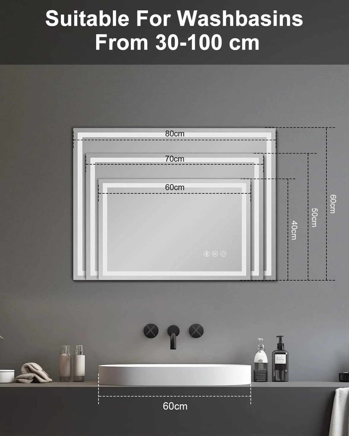 Lustro łazienkowe z oświetleniem LED, 60 x 80 cm, z Bluetooth, funkcja przeciwmgielna, przełącznik dotykowy, funkcja pamięci, funkcja pamięci, IP44, lustro łazienkowe do łazienki, WC