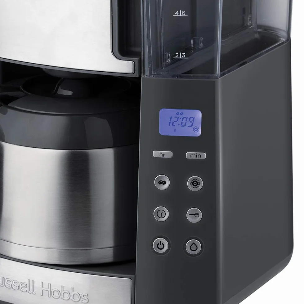 Russell Hobbs ekspres do kawy, wbudowany młynek, regulacja mocy zaparzenia kawy, timer, podtrzymywanie temperatury, dzbanek termiczny, pojemność 1,25l, moc 1000W, czarny-stalowy, Grind&Brew 25620-56