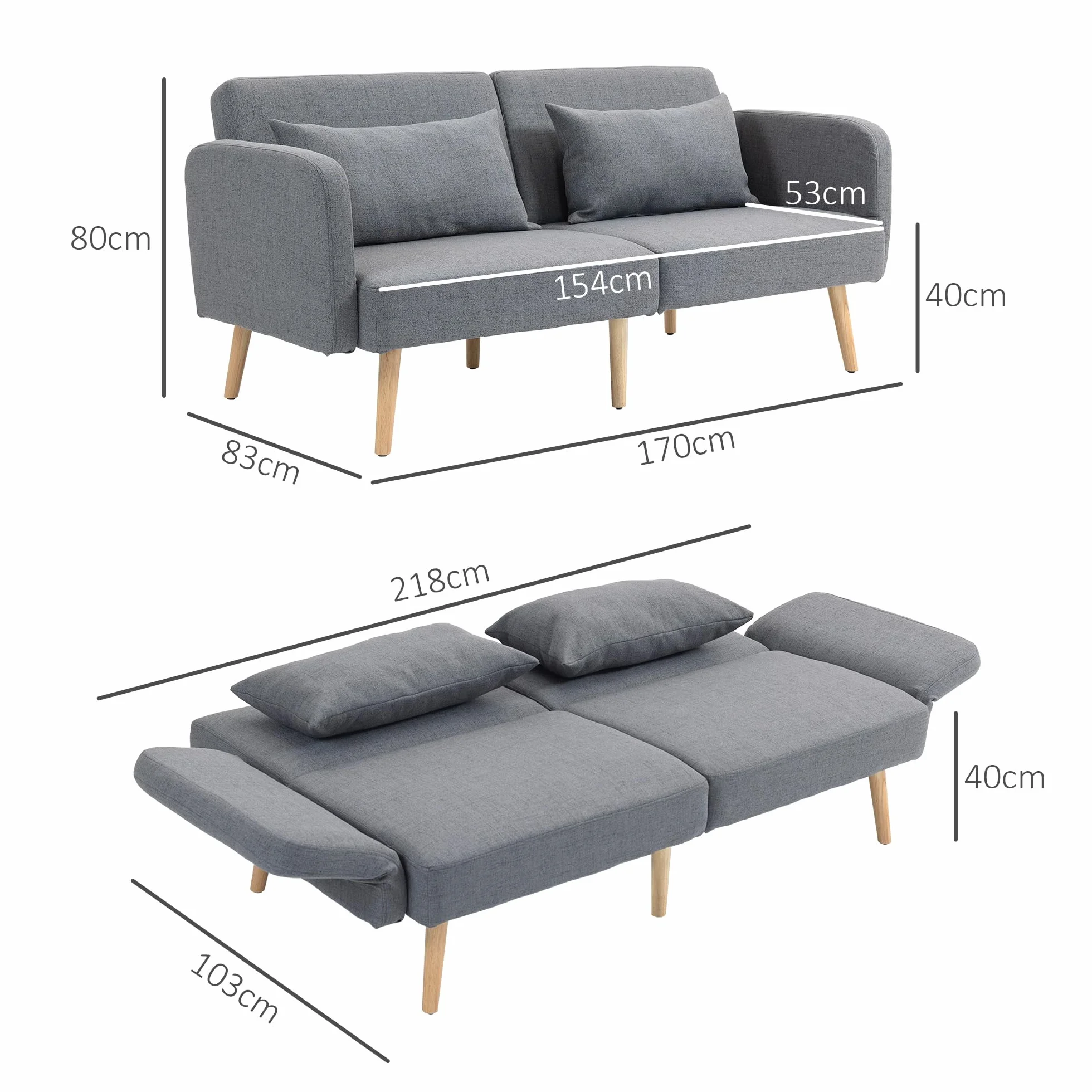 HOMCOM Sofa do spania, 2-osobowe łóżko składane z funkcją łóżka, 2 poduszki do rzucania, 3-osobowa sofa tapicerowana z regulowanym oparciem, wygląd lnu, do salonu, sypialni, 170 x 83 x 80 cm, szara