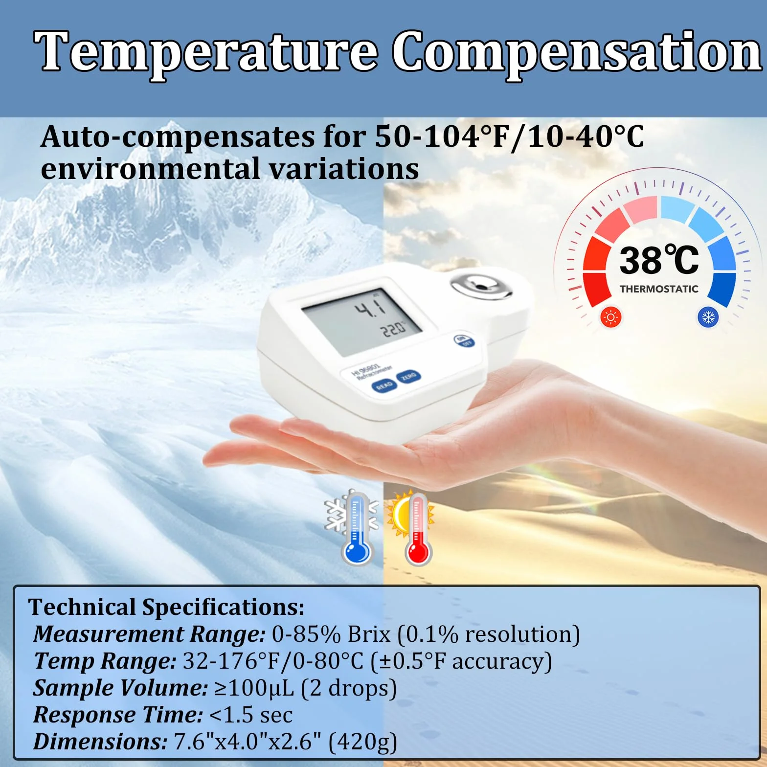 Cyfrowy refraktometr do pomiaru cukru, podwójny wyświetlacz z ATC i czujnikiem temperatury, wodoodporny tester klasy spożywczej IP65, dokładność 0,1%, przenośny z obudową