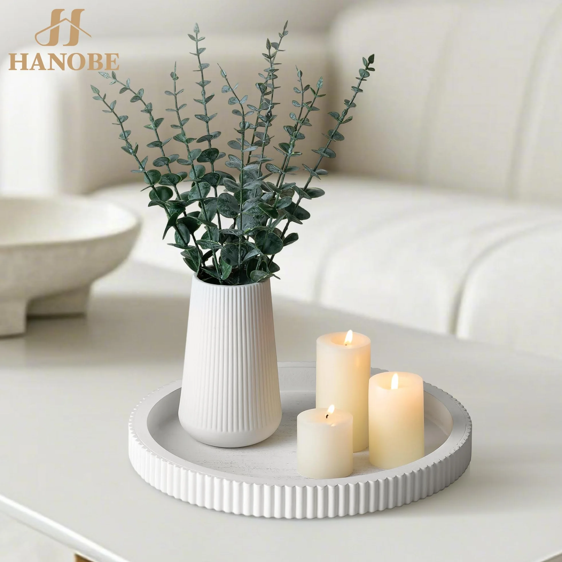 Hanobe Okrągła dekoracyjna taca Deco: Shabby Chic Białe drewniane tacki do serwowania do kuchni salonu - 30 cm Nowoczesna dekoracja domu Pionowe paski na stolik kawowy Wejście