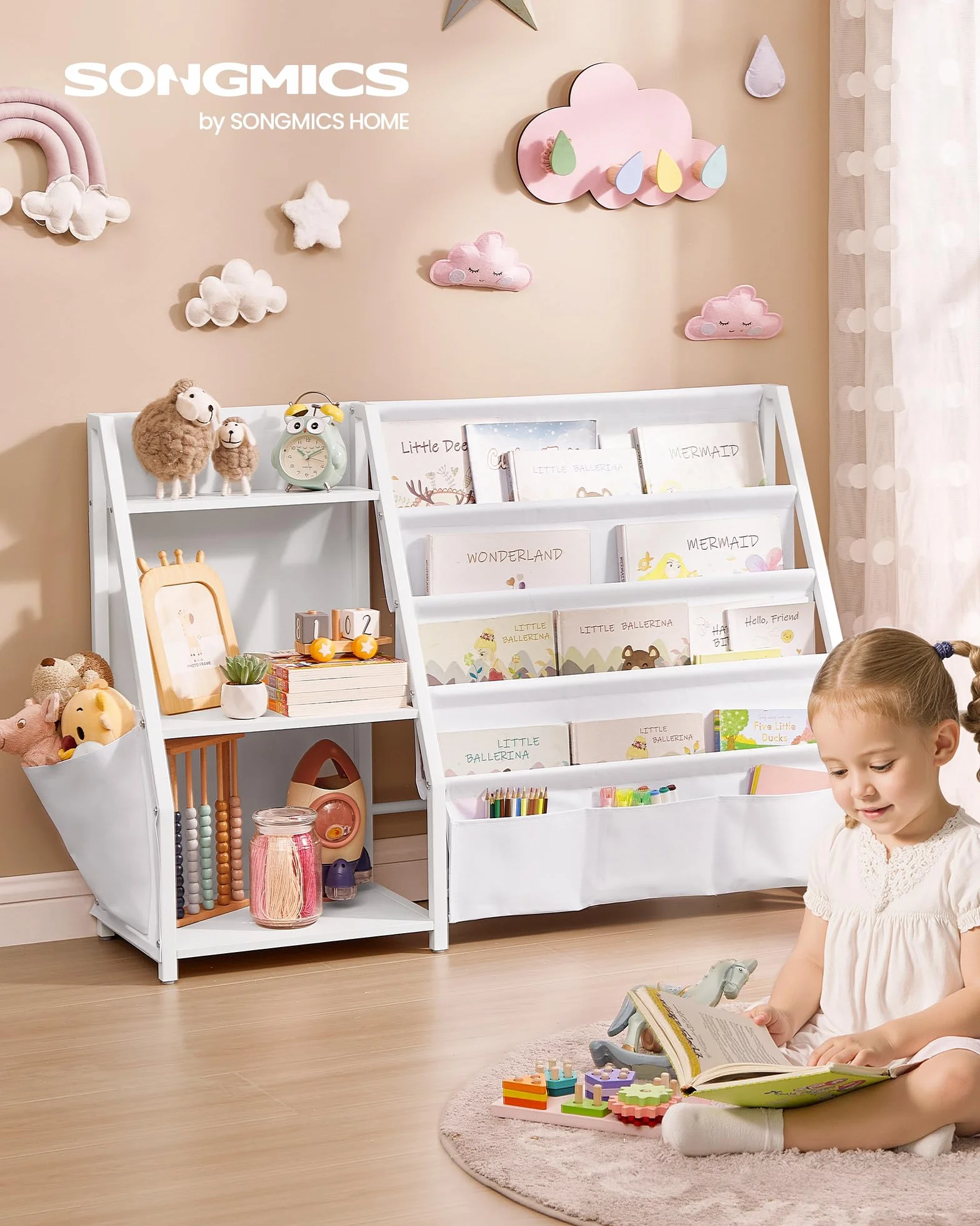 SONGMICS Regał dla dzieci, szafka do przechowywania zabawek, organizer na książki, z kieszenią boczną, wysokość 75 cm, do pokoju dziecięcego, pokoju zabaw, biały GKR024W01