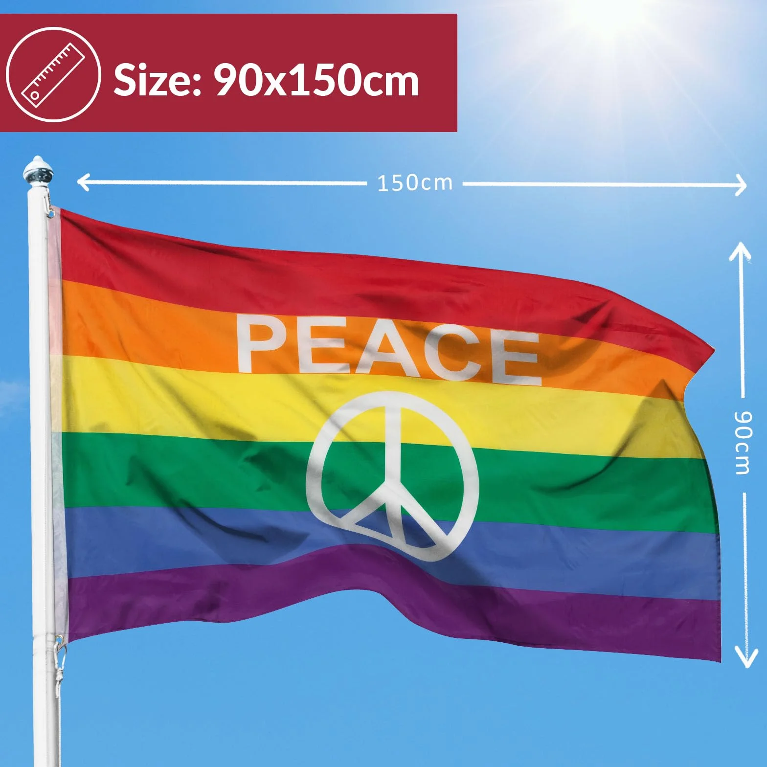 PHENO FLAGS Tęczowa flaga 90 x 150 cm - Peace - wyjątkowo odporna na warunki atmosferyczne, z mosiężnymi oczkami, 100% poliester, solidne podwójne szwy i żywe kolory - symbol pokoju