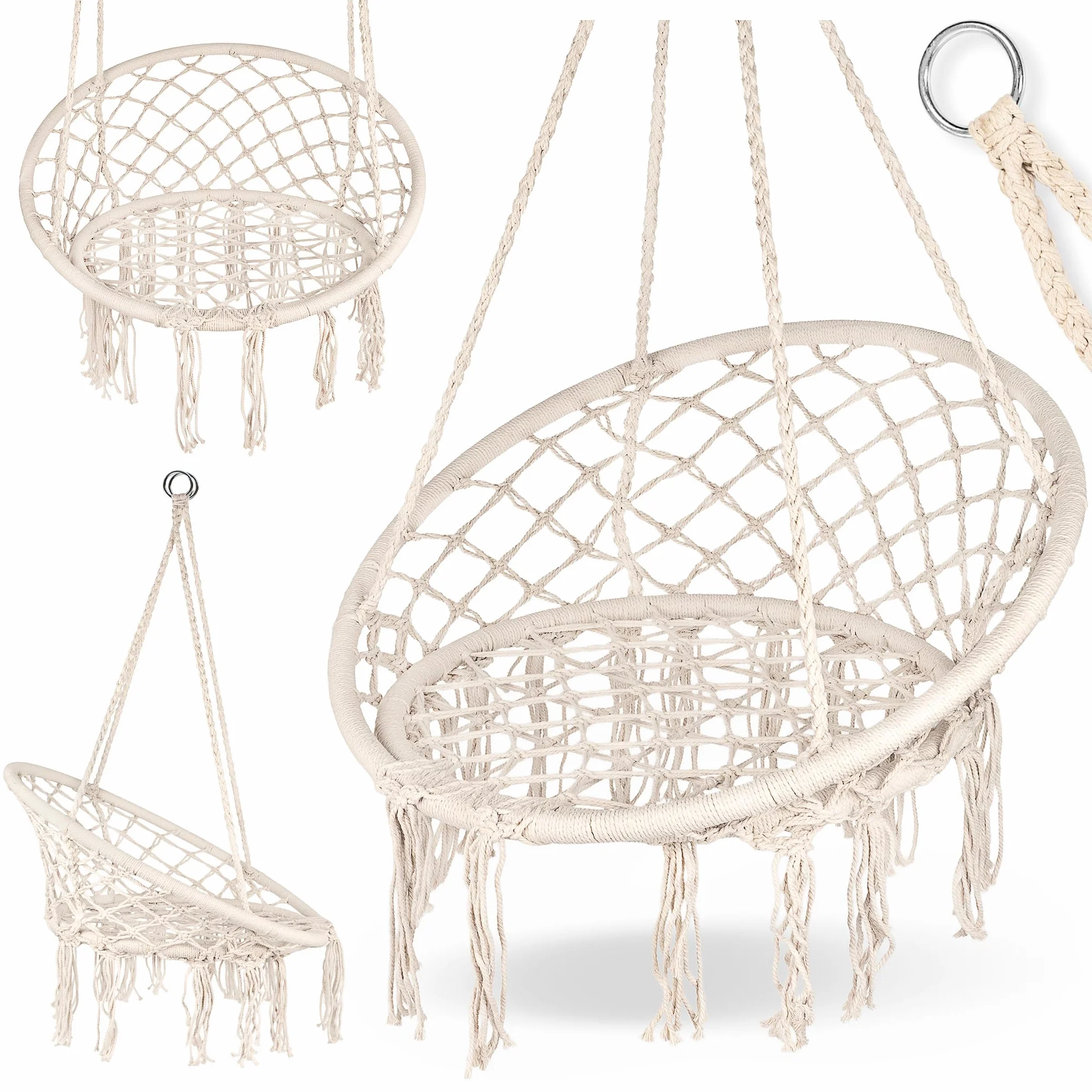 Fotel Wiszący Boho Ecru – Huśtawka Bocianie Gniazdo z Frędzlami | Fotel Hamakowy do Salonu, Ogrodu, Balkonu | Styl Boho | Max 150 kg | Do Wnętrz i Na Zewnątrz