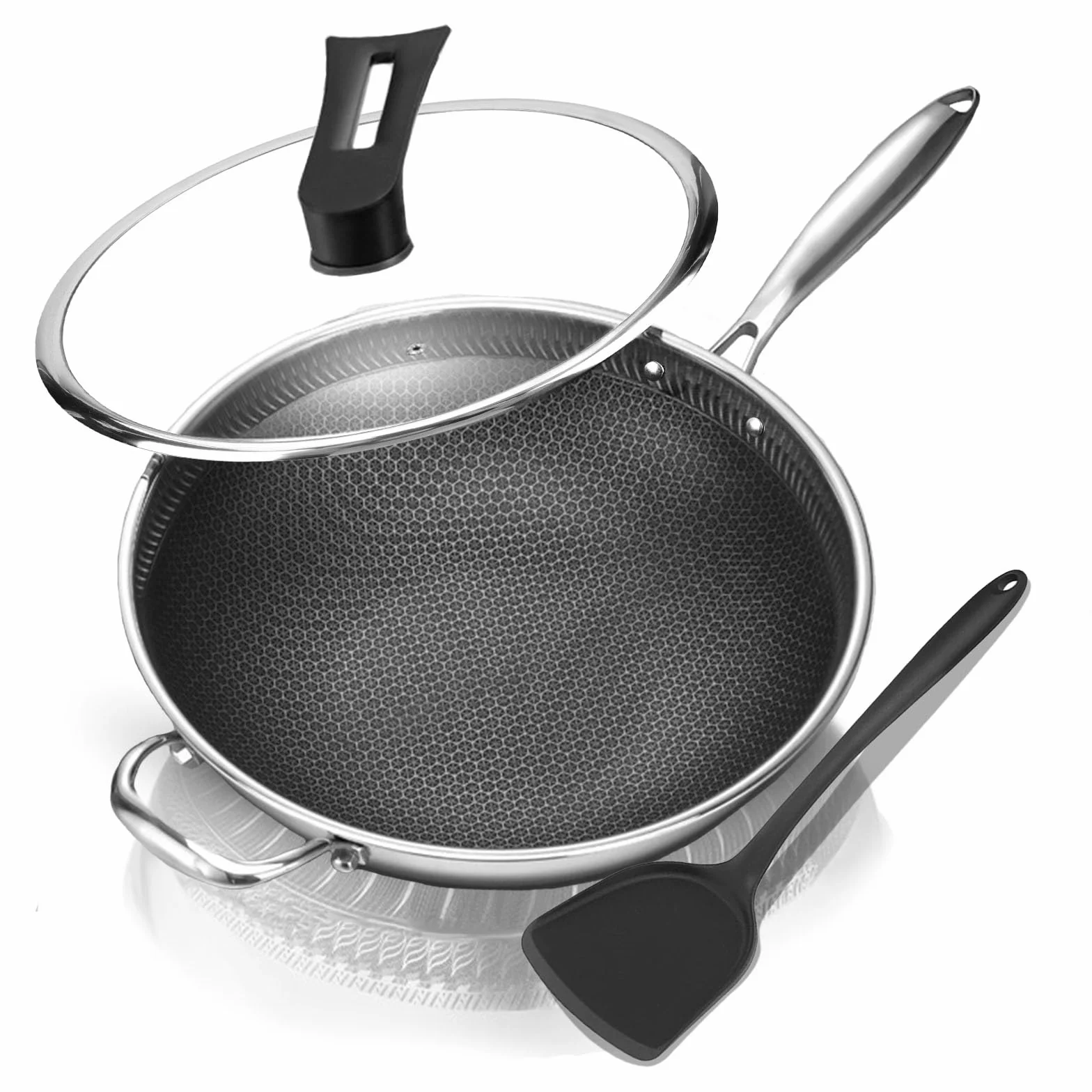 Hybrydowa patelnia do smażenia 32 cm z pokrywką i szpatułką, nieprzywierająca, z pokrywającym się zimnym szpatułką, indukcyjna, kompatybilna z elektrycznymi płytami