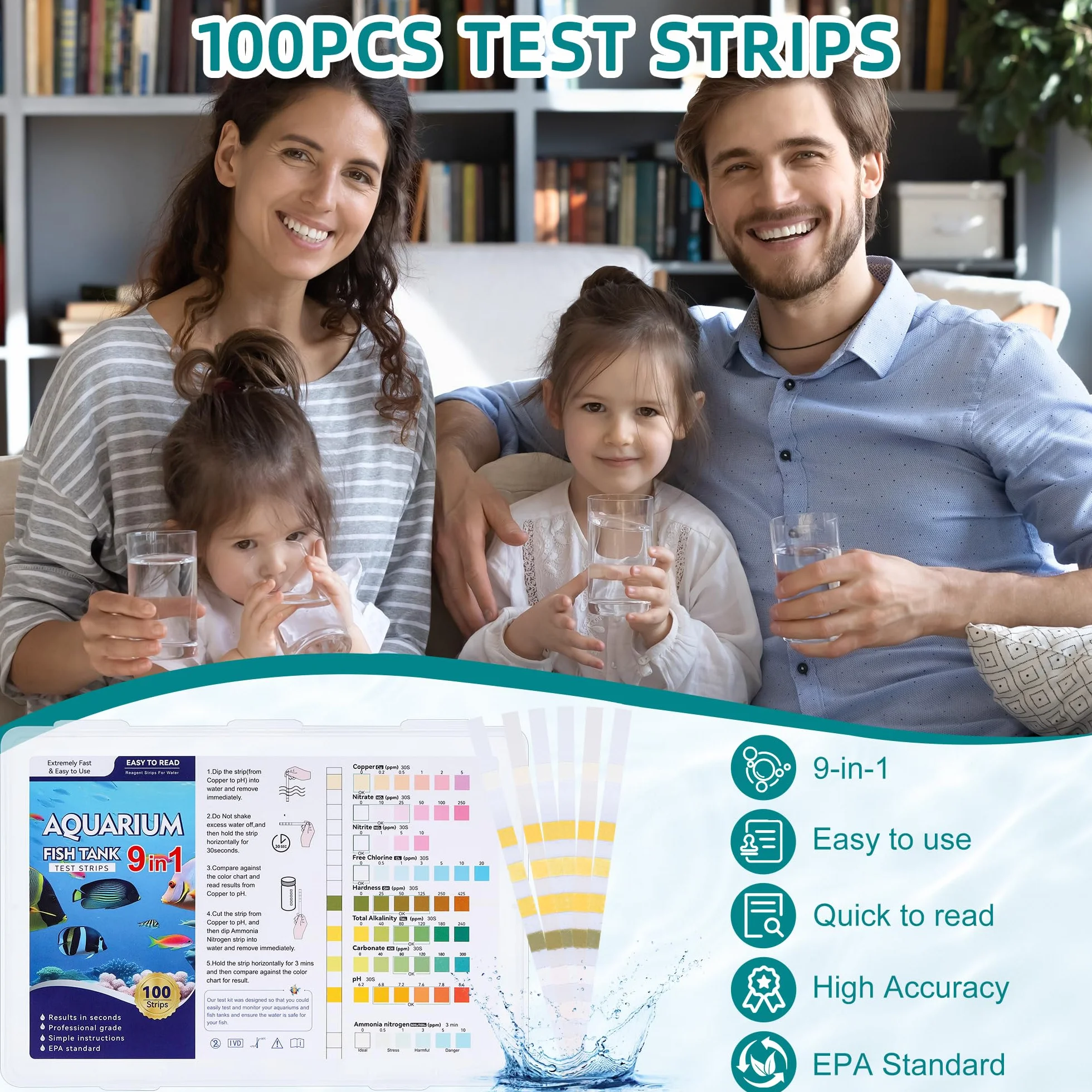 Paski testowe do akwarium 9 w 1 zestaw testów azotu amoniaku węglanu azotanów chloriny alkalicznych pH miedzi