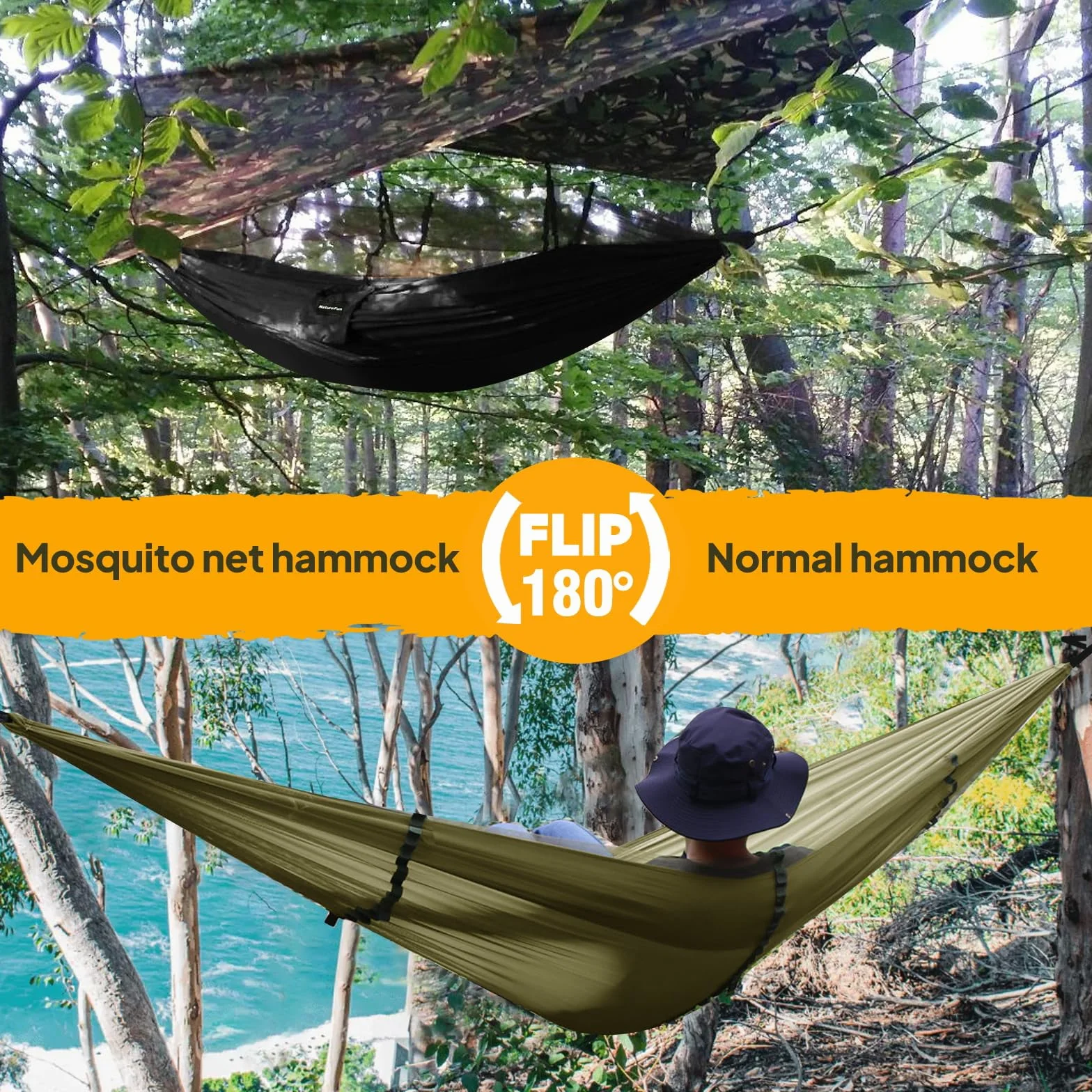 NATUREFUN hamak kempingowy z podróżną siatką na owady, nośność 300 kg (275 x 140 cm), oddychający, szybkoschnący nylon spadochronowy, 2 x karabińczyk premium, 4 x nylonowy pasek w zestawie, na zewnątrz, do ogrodu