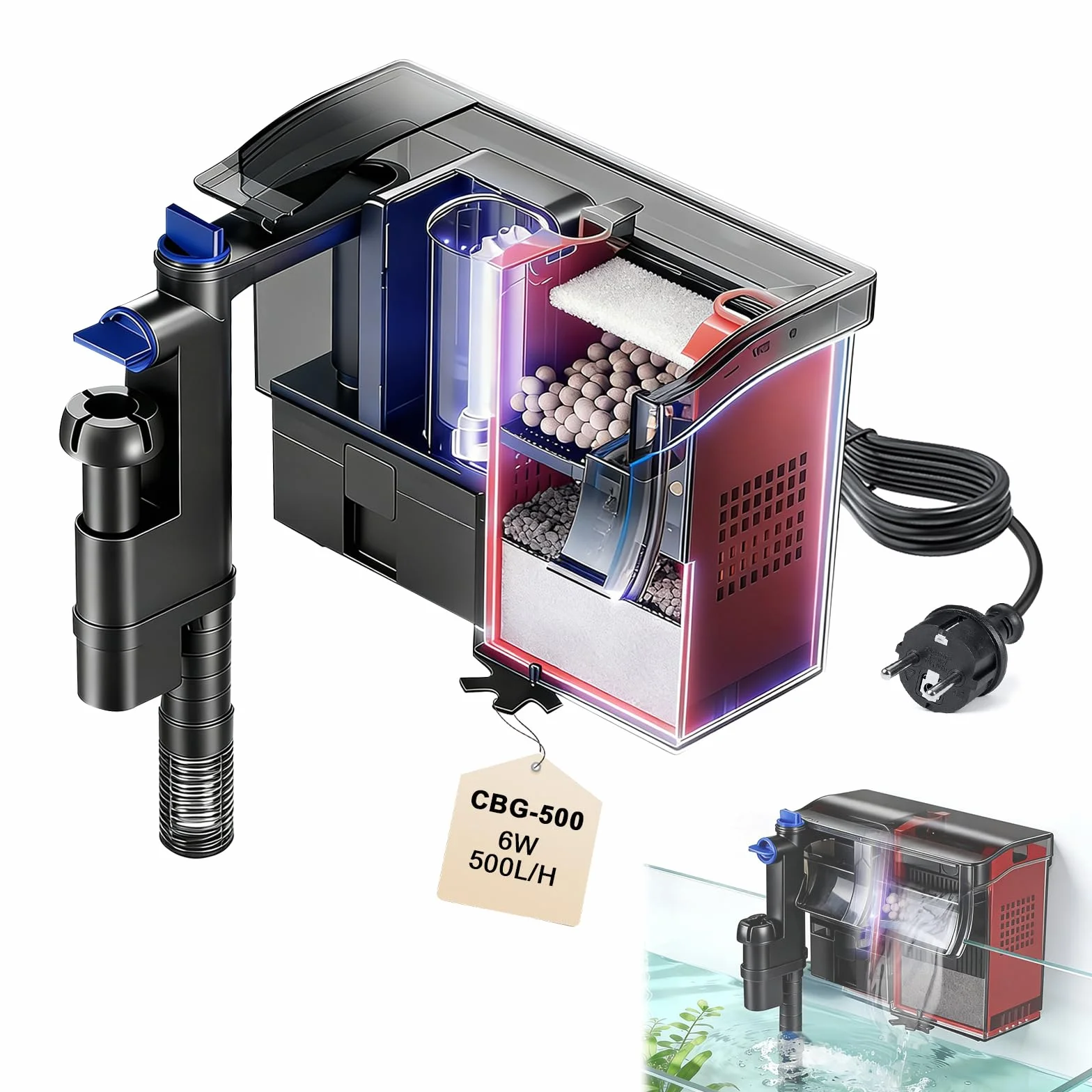 EXLECO Filtr zewnętrzny do akwarium 6W 500 l/h z lampą UV, regulowany filtr wiszący 38-115 l