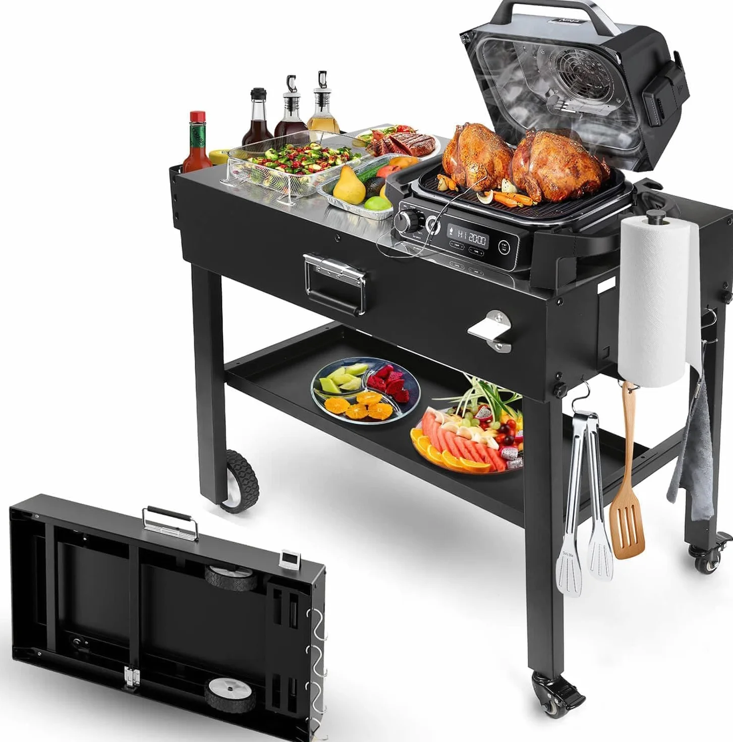 GFTIME Wózek do grilla Ninja Woodfire Outdoor Grill, przenośny wózek do serwowania, stojak Woodfire do serii Ninja OG700, uniwersalny składany stojak do grilla Weber Q1000, stół do grilla do pieca do