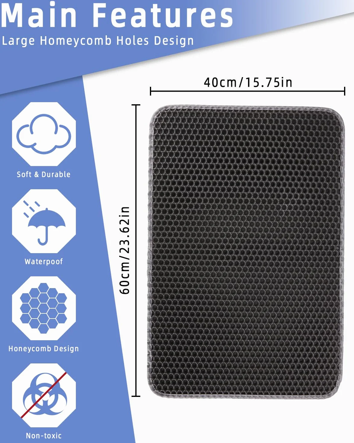 Mata do kuwety, 60 x 40 cm, dwuwarstwowa konstrukcja w kształcie plastra miodu, odporny na mocz i wodoodporny materiał, podkładka pod kuwetę dla kota szara