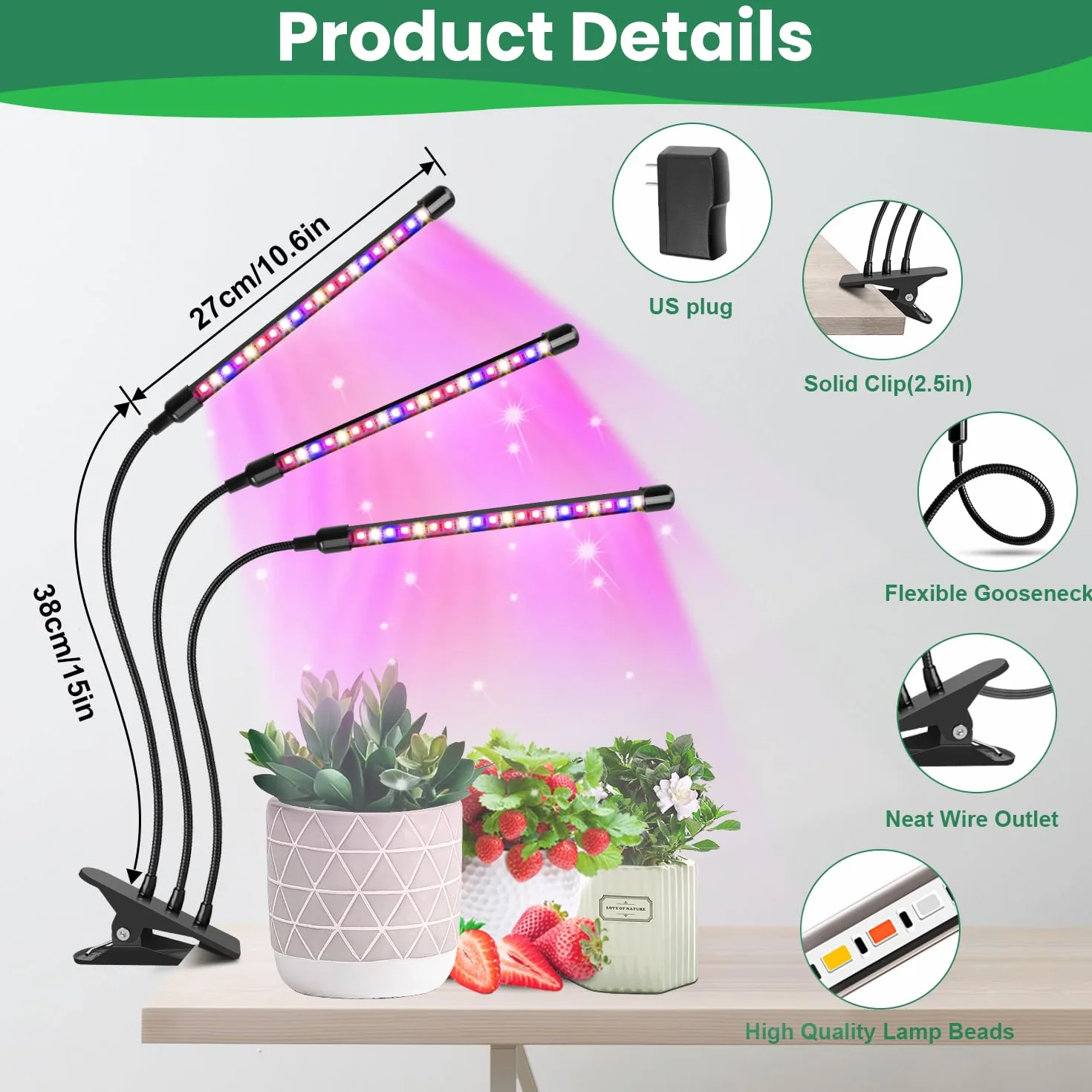 Garpsen Światło roślinne, 3 głowice czerwone - ciepłe niebieskie białe pełne spektrum wewnątrz roślin rosnące światło, 60 LED LED nasiona Start Grow light z automatycznym włączaniem/wyłączaniem