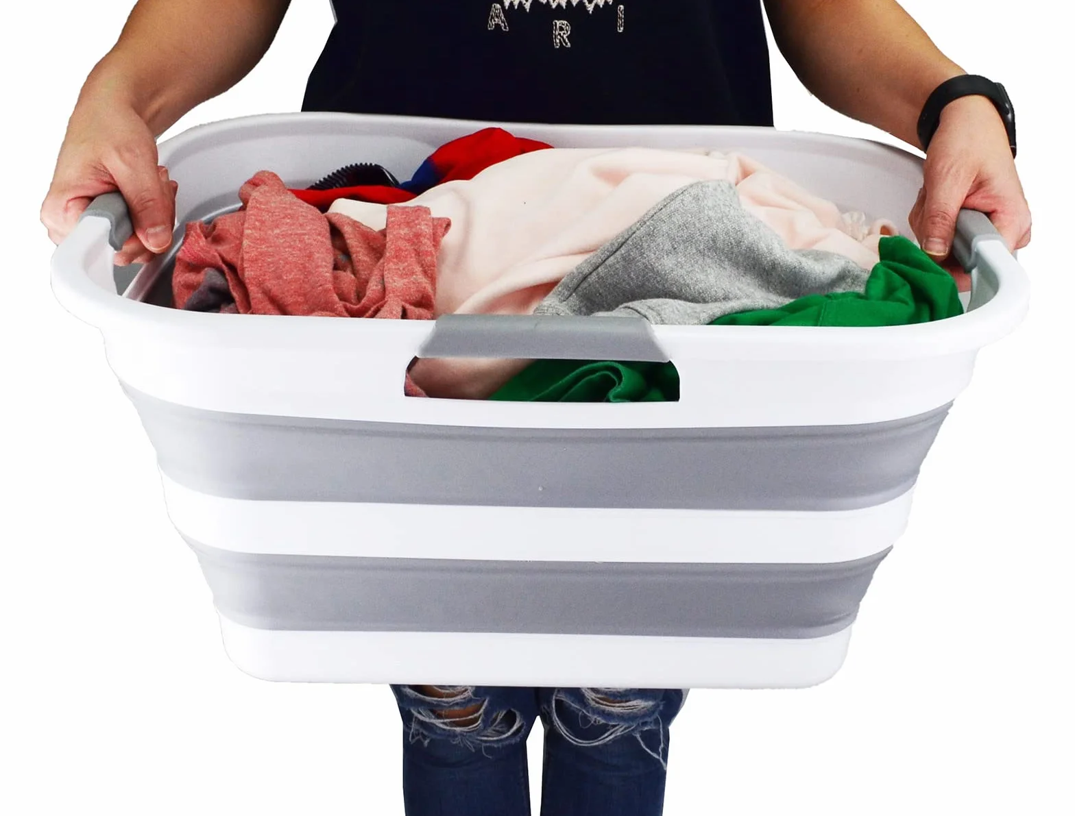 SAMMART Składany kosz na pranie z tworzywa sztucznego, 29 l, składany pojemnik do przechowywania, organizer, przenośna wanna, zajmujący mało miejsca, pojemność: 24 l (1, biały/szary/biały)