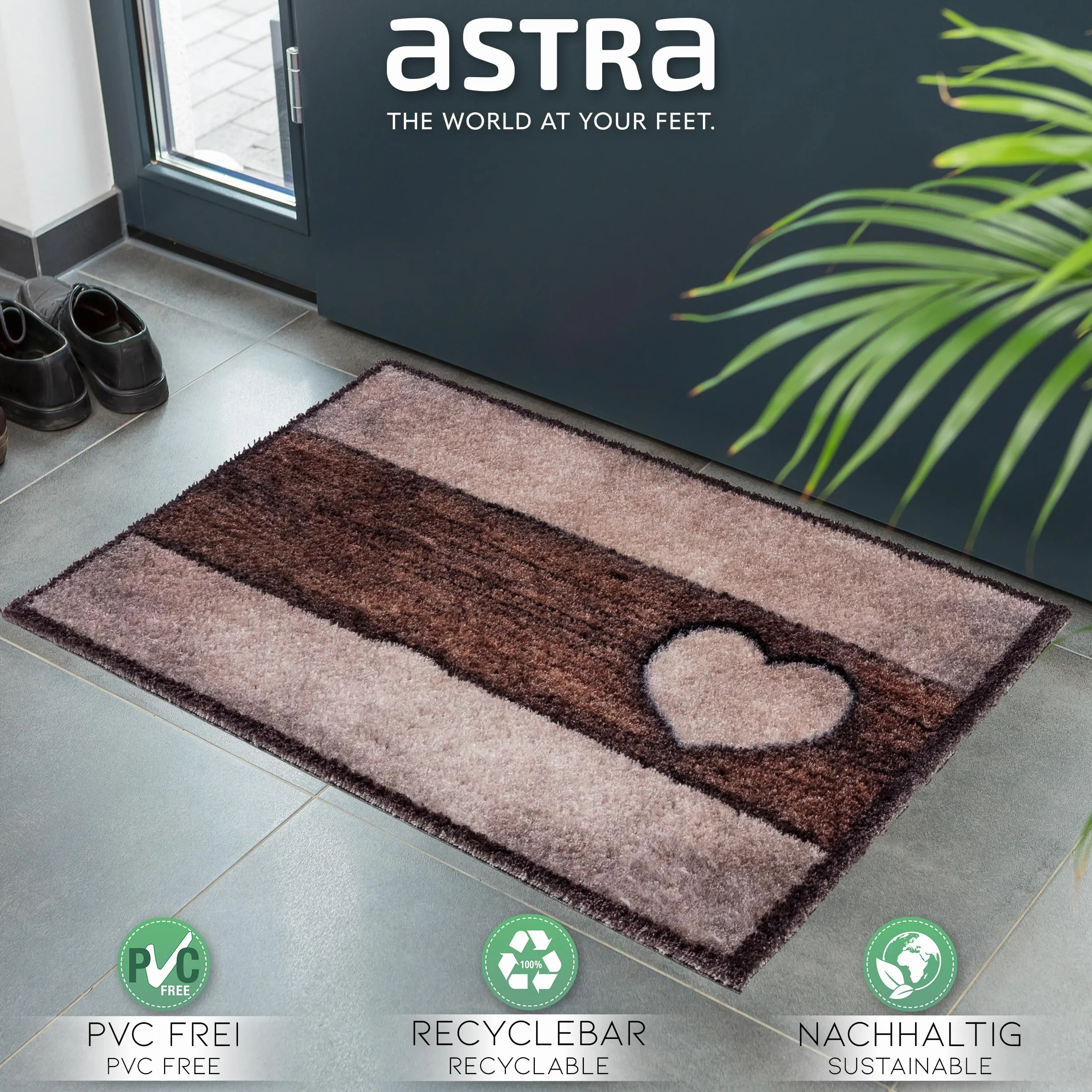 ASTRA Puszysta i miękka mata czyszcząca Pure & Soft – kolorowa wycieraczka do drzwi – wytrzymała wycieraczka – 50 x 70 cm (kolor: drewno, serce, piaskowo-brązowy)