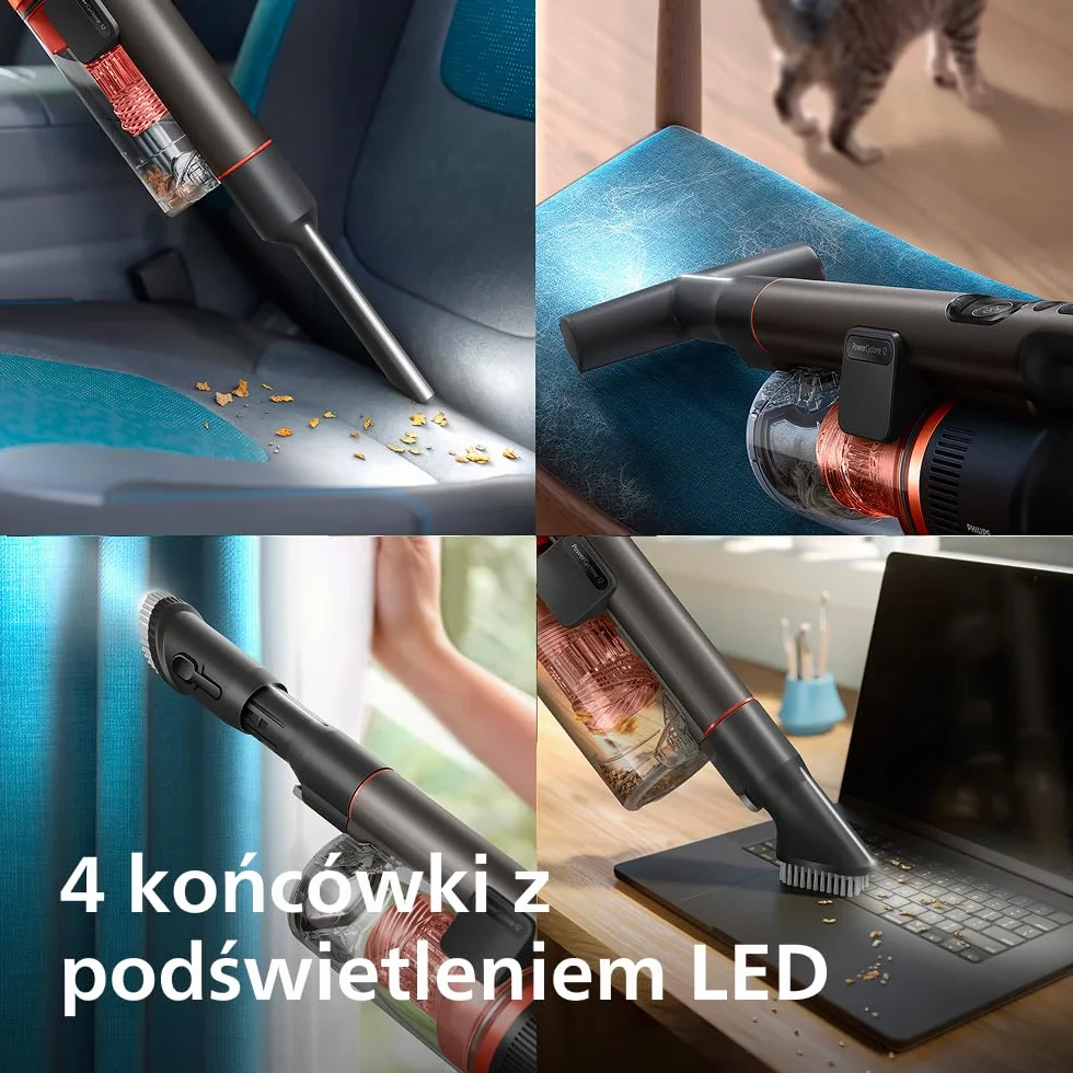 Philips SpeedPro Max Bezprzewodowy Odkurzacz Pionowy 7000 Series, Do Sierści Zwierząt, Mocne Ssanie 360°, Maks. 80 min, Bez Plątania, Do Dywanów i Twardych Podłóg, 4 Narzędzia LED (XC7065/01)