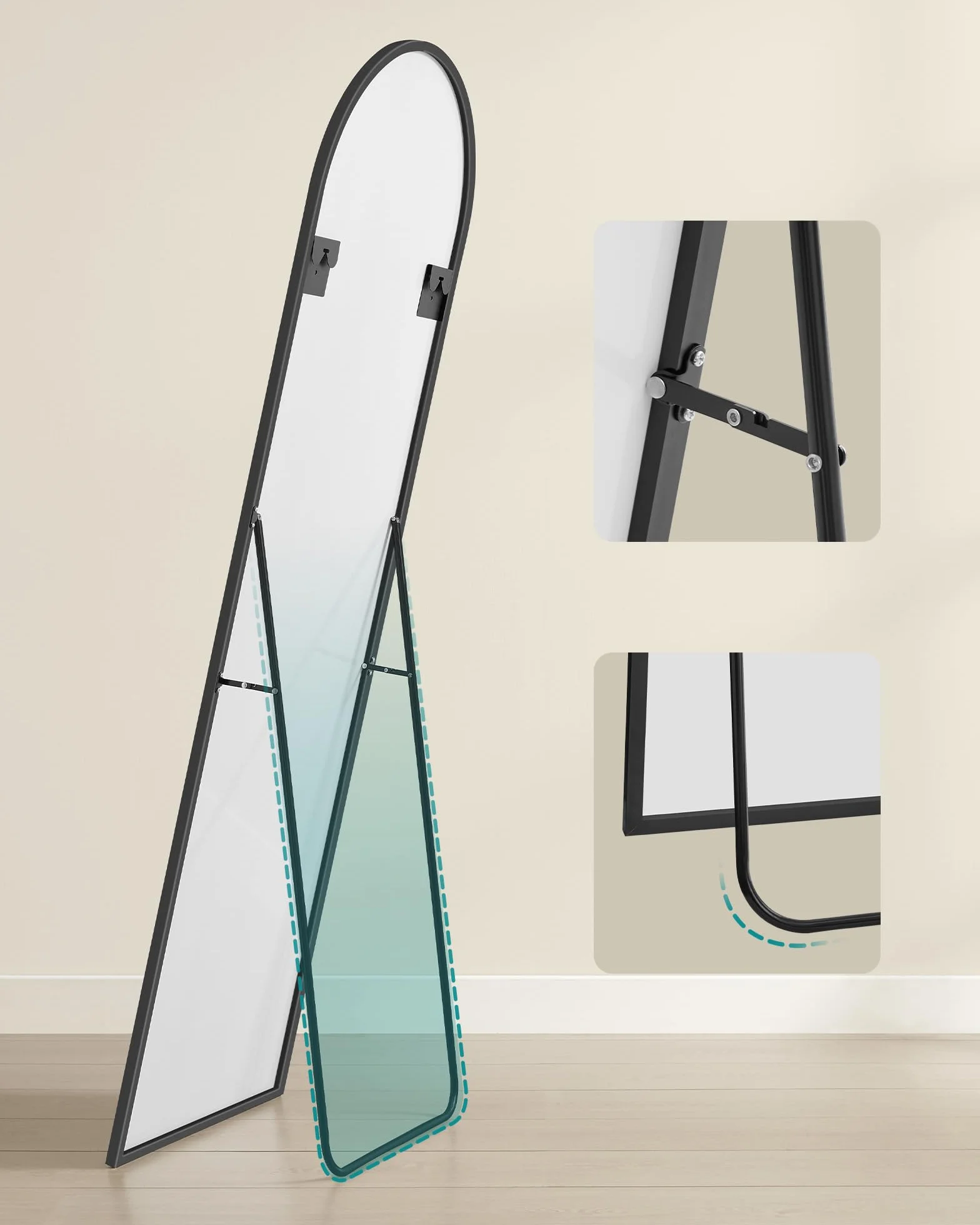 SONGMICS Lustro pełnej długości 160 x 50 cm Zakrzywione lustro stojące Rama aluminiowa Szkło hartowane do sypialni Salon Szafa Atrament Czarny LFM031B01