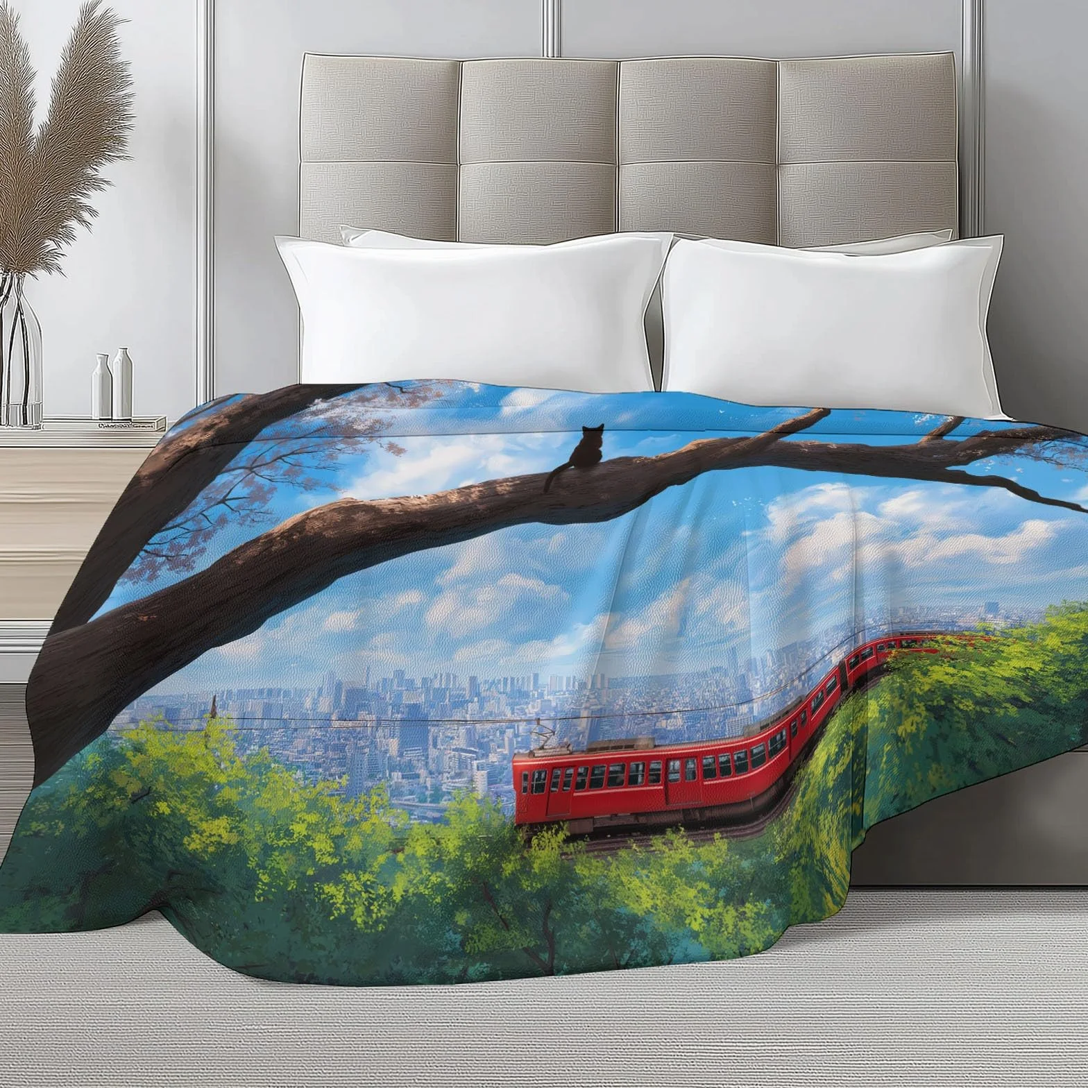 Puszysty koc flanelowy na sofę, łóżko, krzesło, miękki pejzaż miejski, kwiaty, pościel, 220 x 240 cm, dekoracyjny, ultramiękki koc dla dzieci, nastolatków, dorosłych, 220 x 240 cm