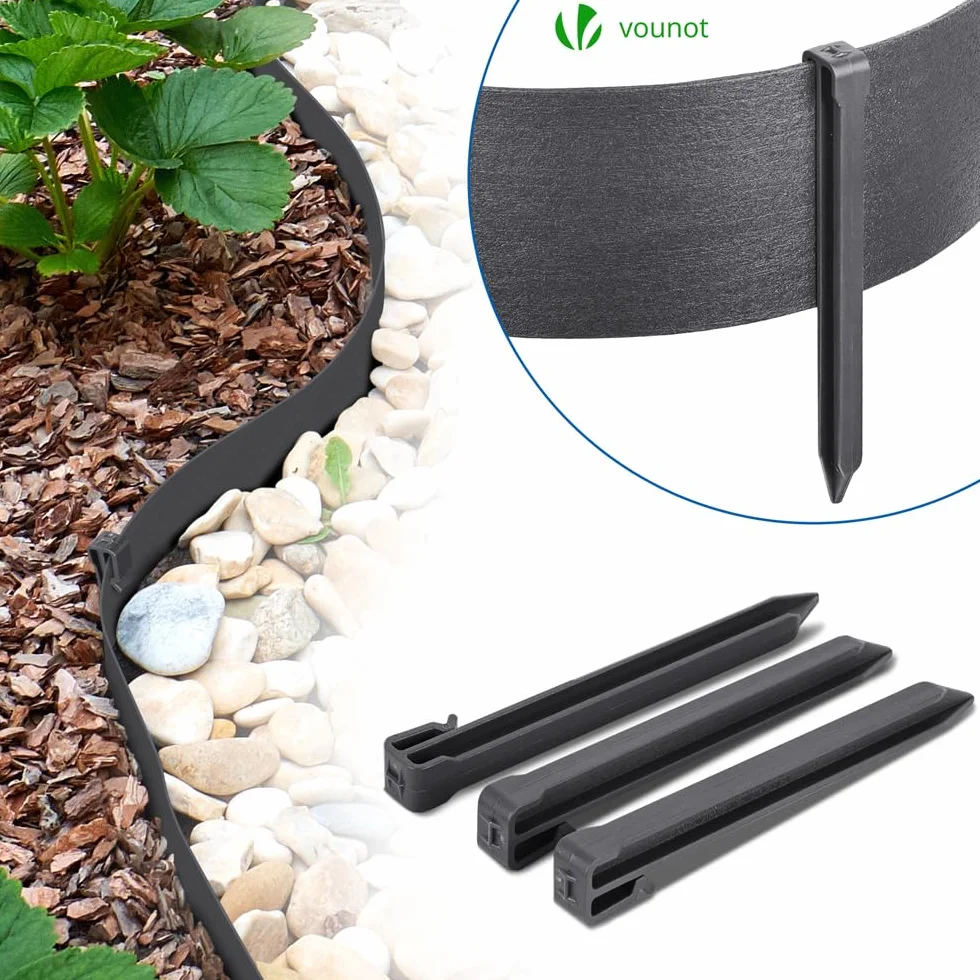 VOUNOT PE Obrzeże Ogrodowe 20 Metrów z 12 Kołkami do Zakotwiczenia Elastyczna Obrzeże Trawnika Naturalny Wygląd Wysokość 13cm Grubość 4mm Szary