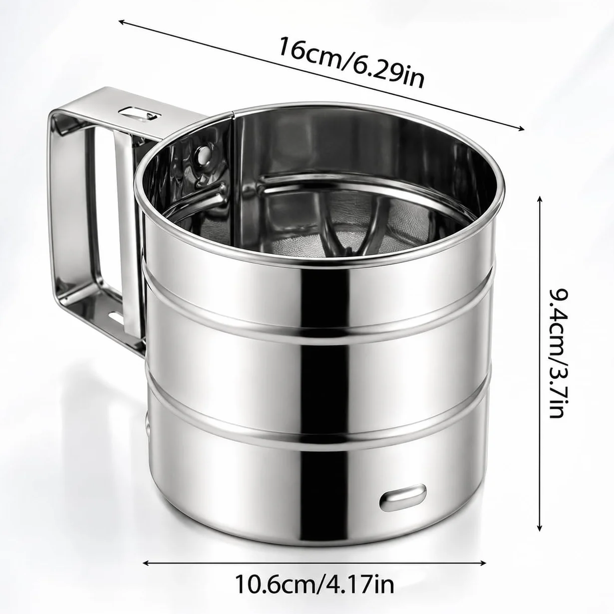 Sitko do mąki, cukier pudrowy, młynek do cukru pudru, filtr obsługiwany jedną ręką, ze stali nierdzewnej, pojemność 250 g